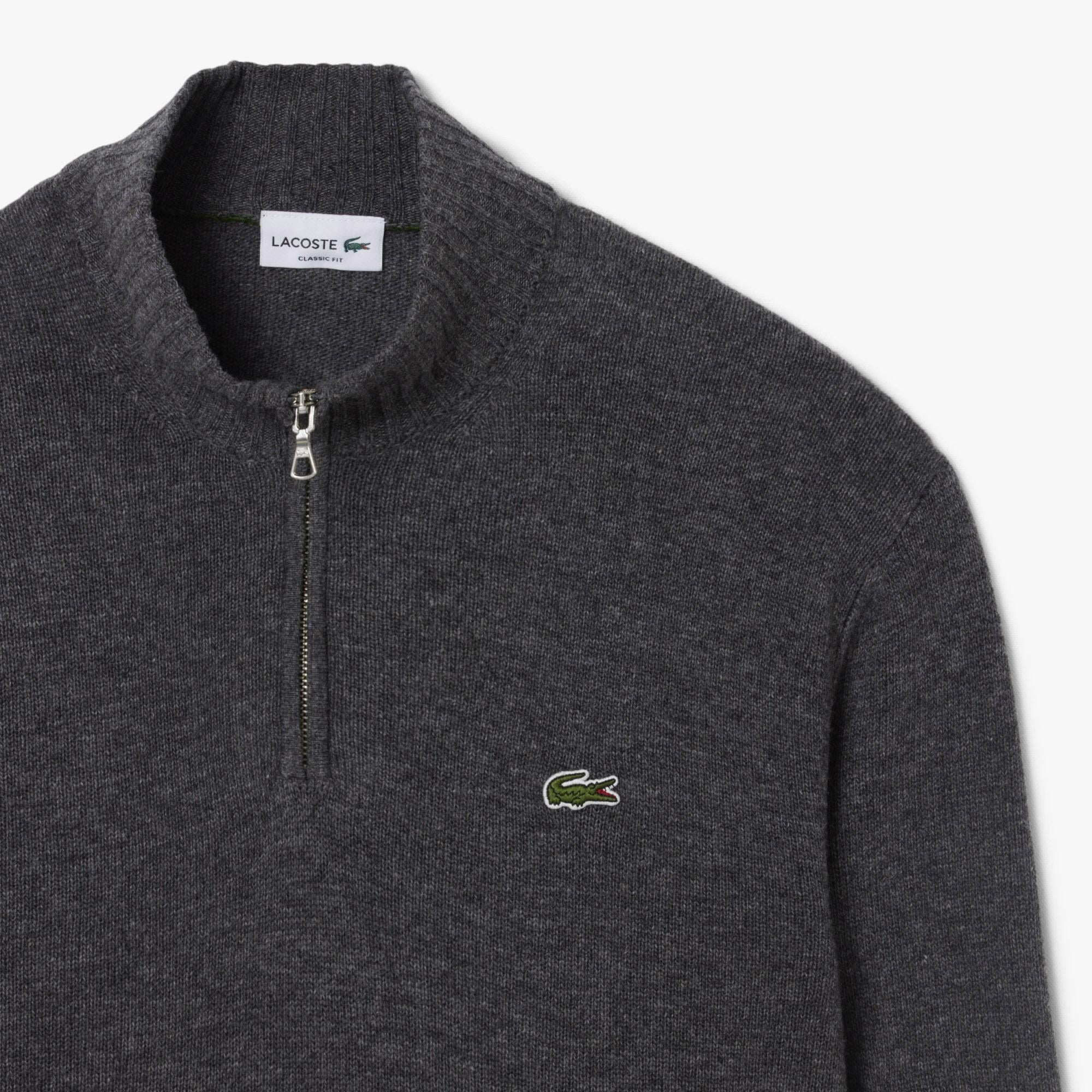 Erkek Classic Fit Yarım Fermuarlı Yün Gri Kazak