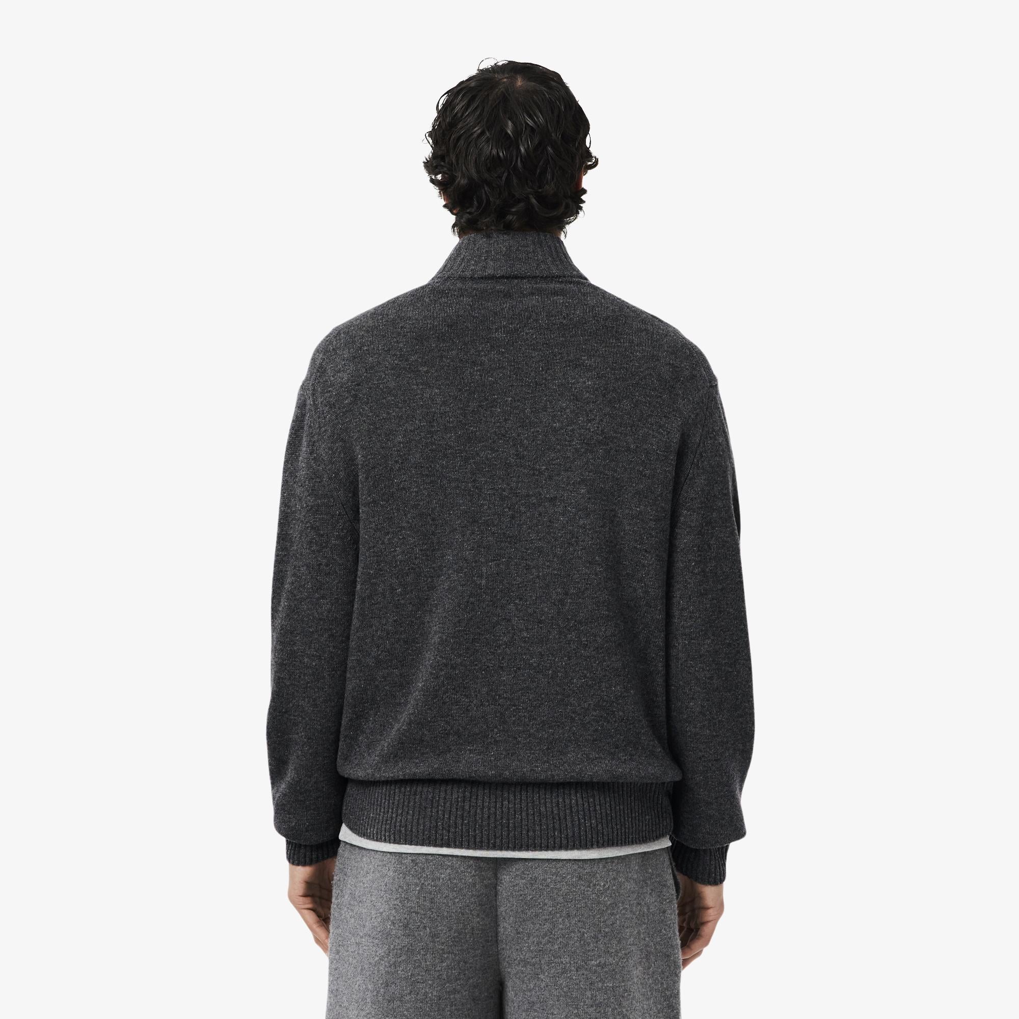 Erkek Classic Fit Yarım Fermuarlı Yün Gri Kazak
