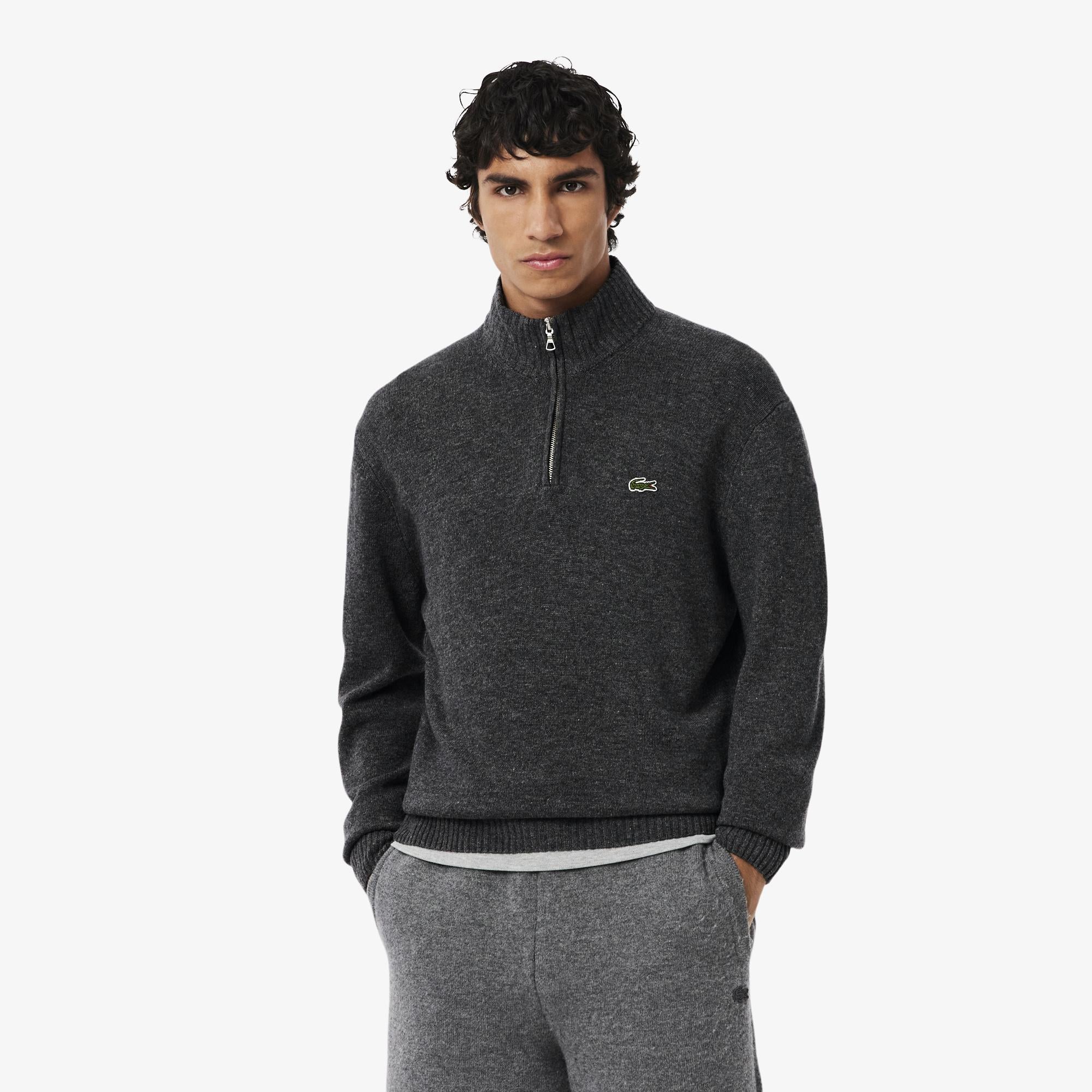 Erkek Classic Fit Yarım Fermuarlı Yün Gri Kazak