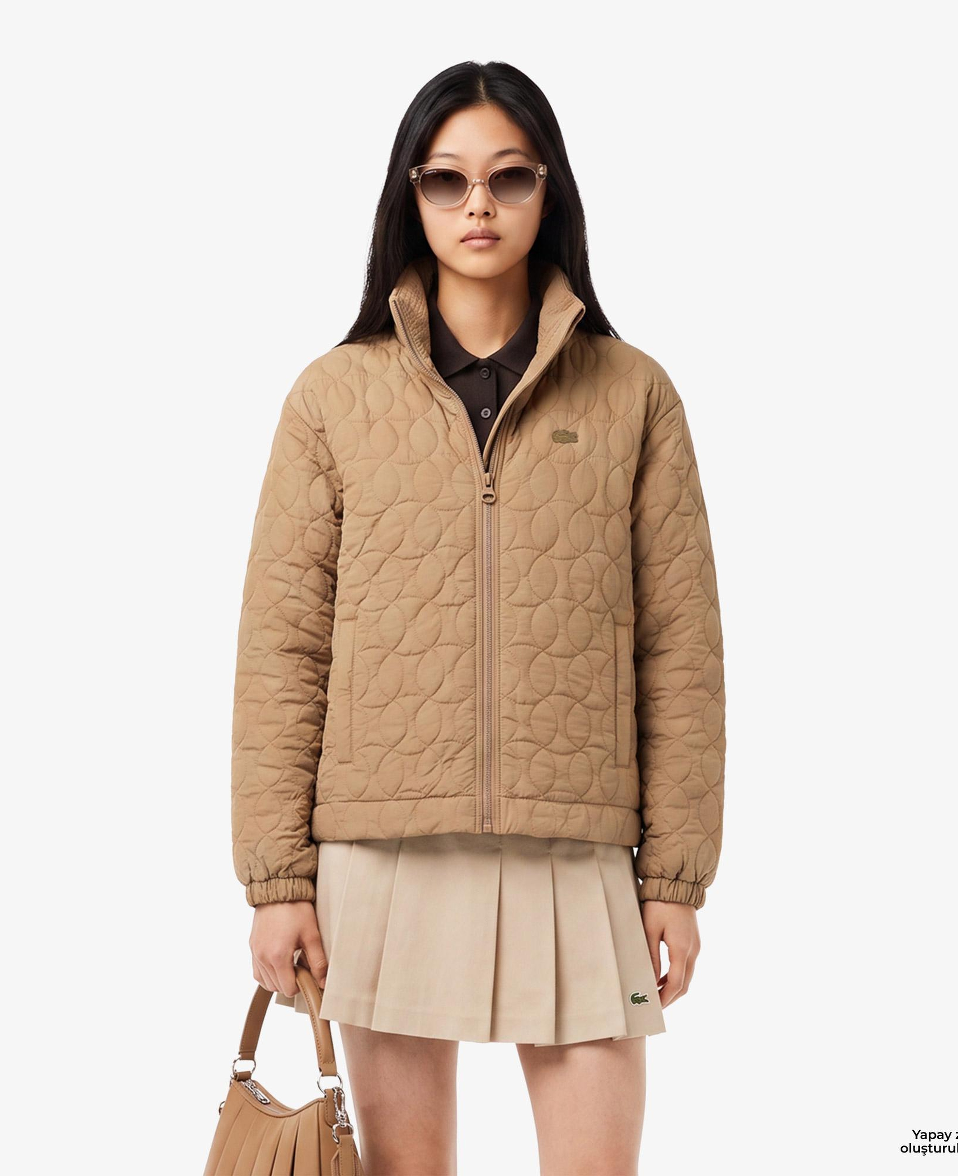 Kadın Relaxed Fit Kapüşonlu Desenli Kahverengi Ceket