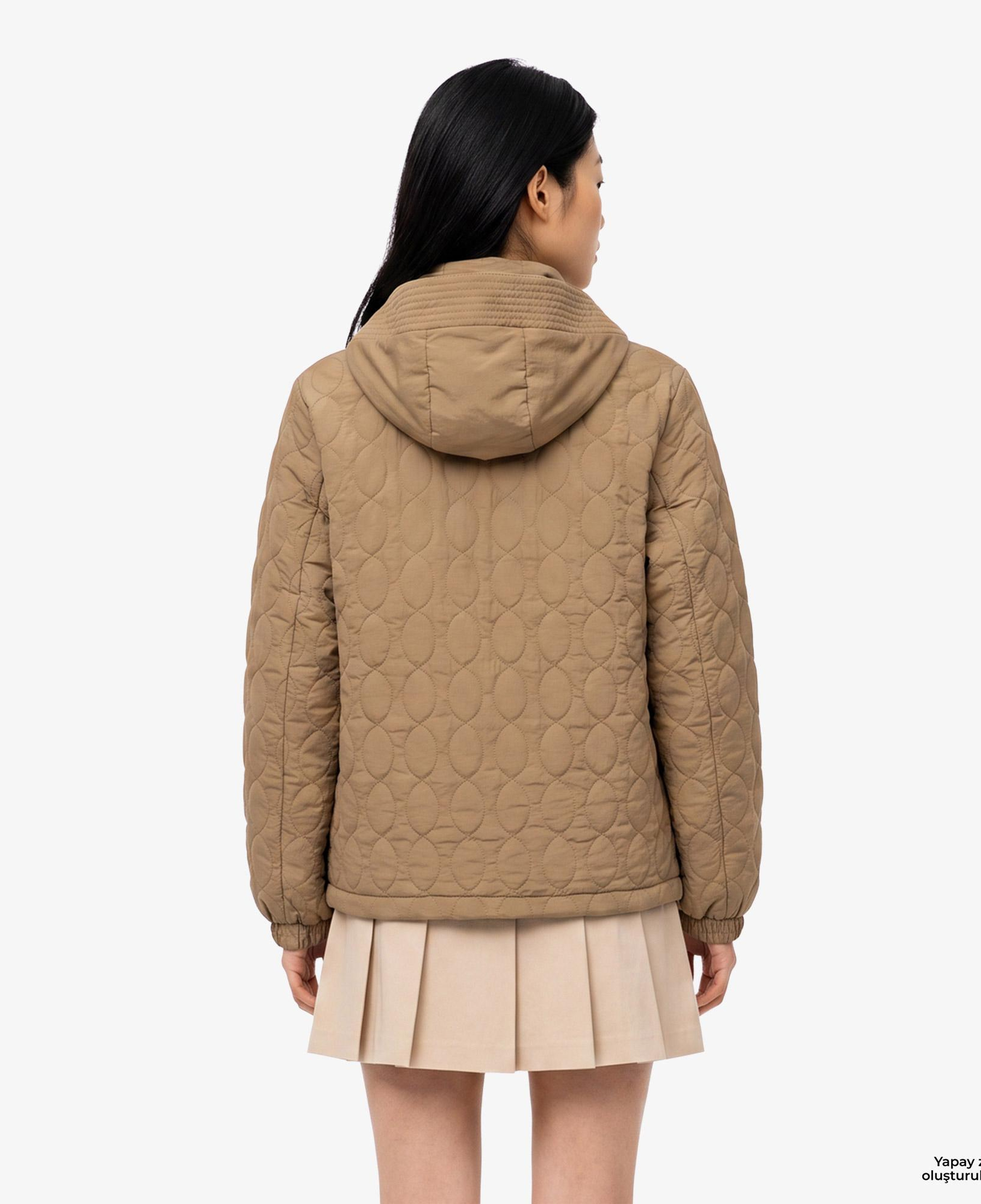 Kadın Relaxed Fit Kapüşonlu Desenli Kahverengi Ceket
