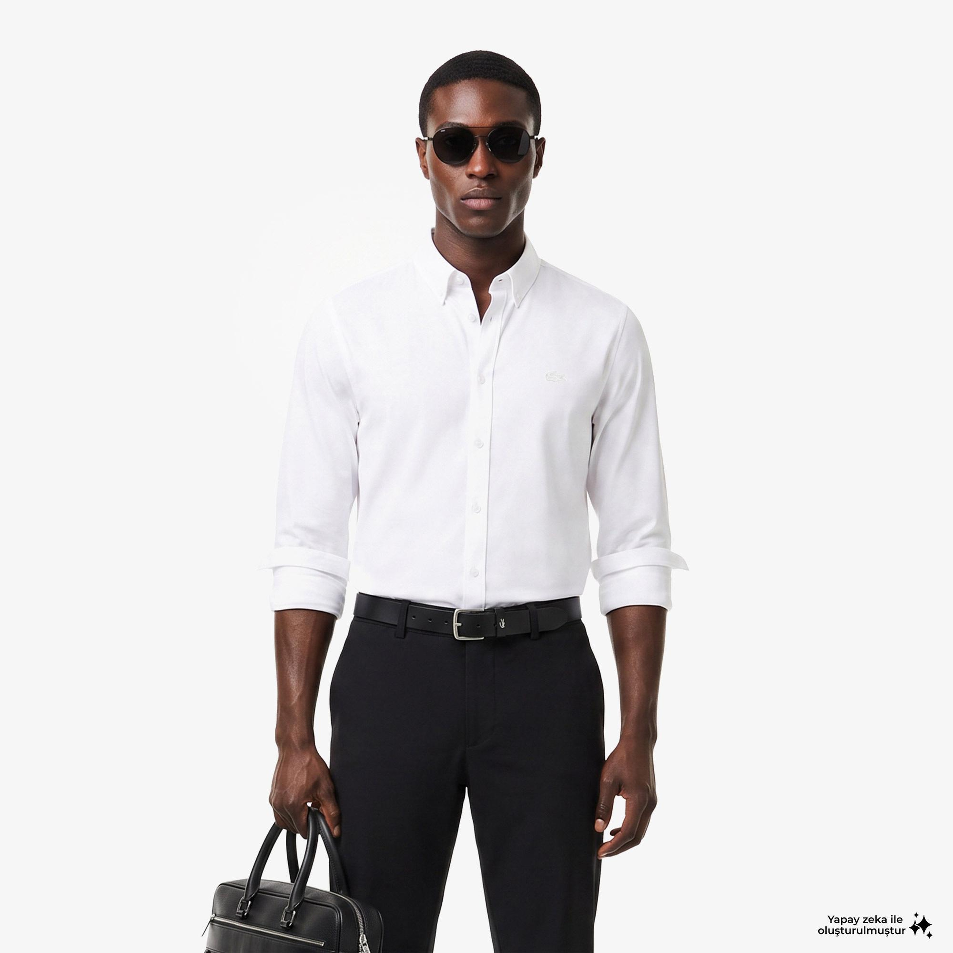 Erkek Slim Fit Düğmeli Yaka Beyaz Gömlek