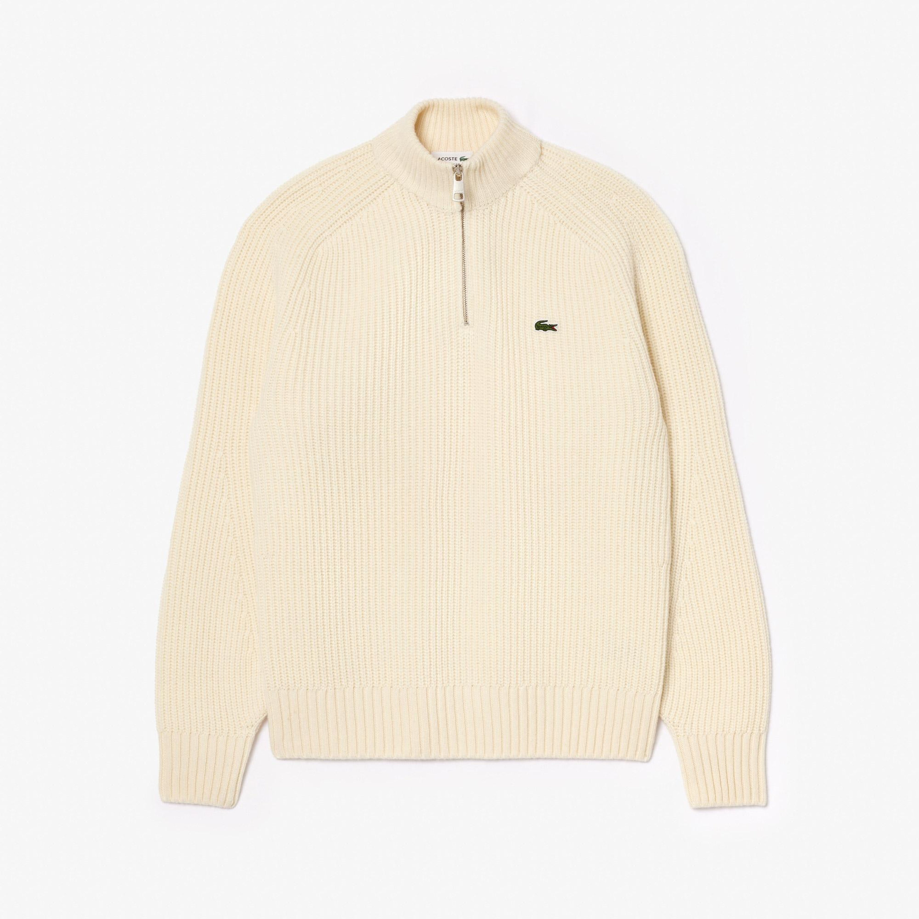 Erkek Classic Fit Yarım Fermuarlı Krem Yün Kazak
