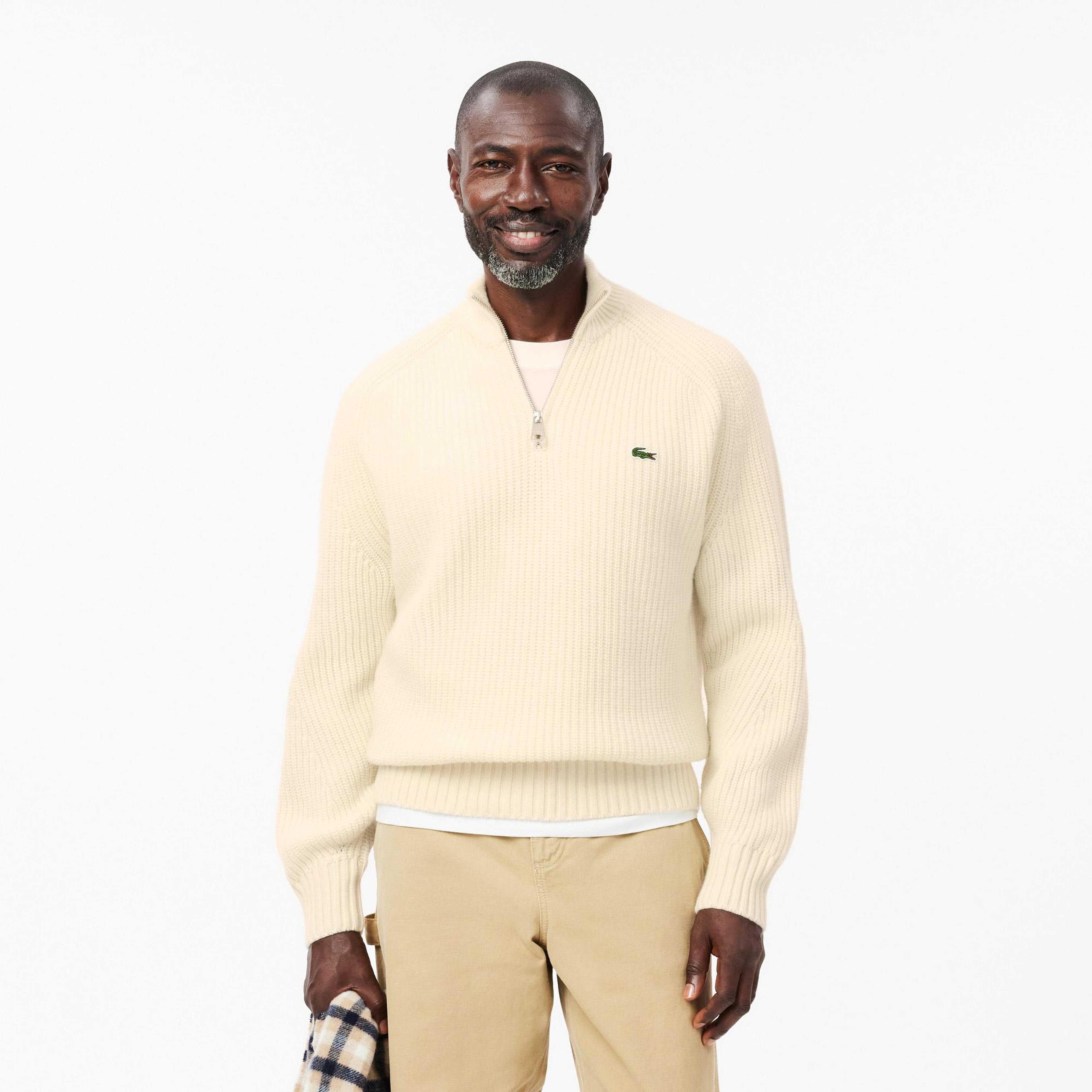 Erkek Classic Fit Yarım Fermuarlı Krem Yün Kazak