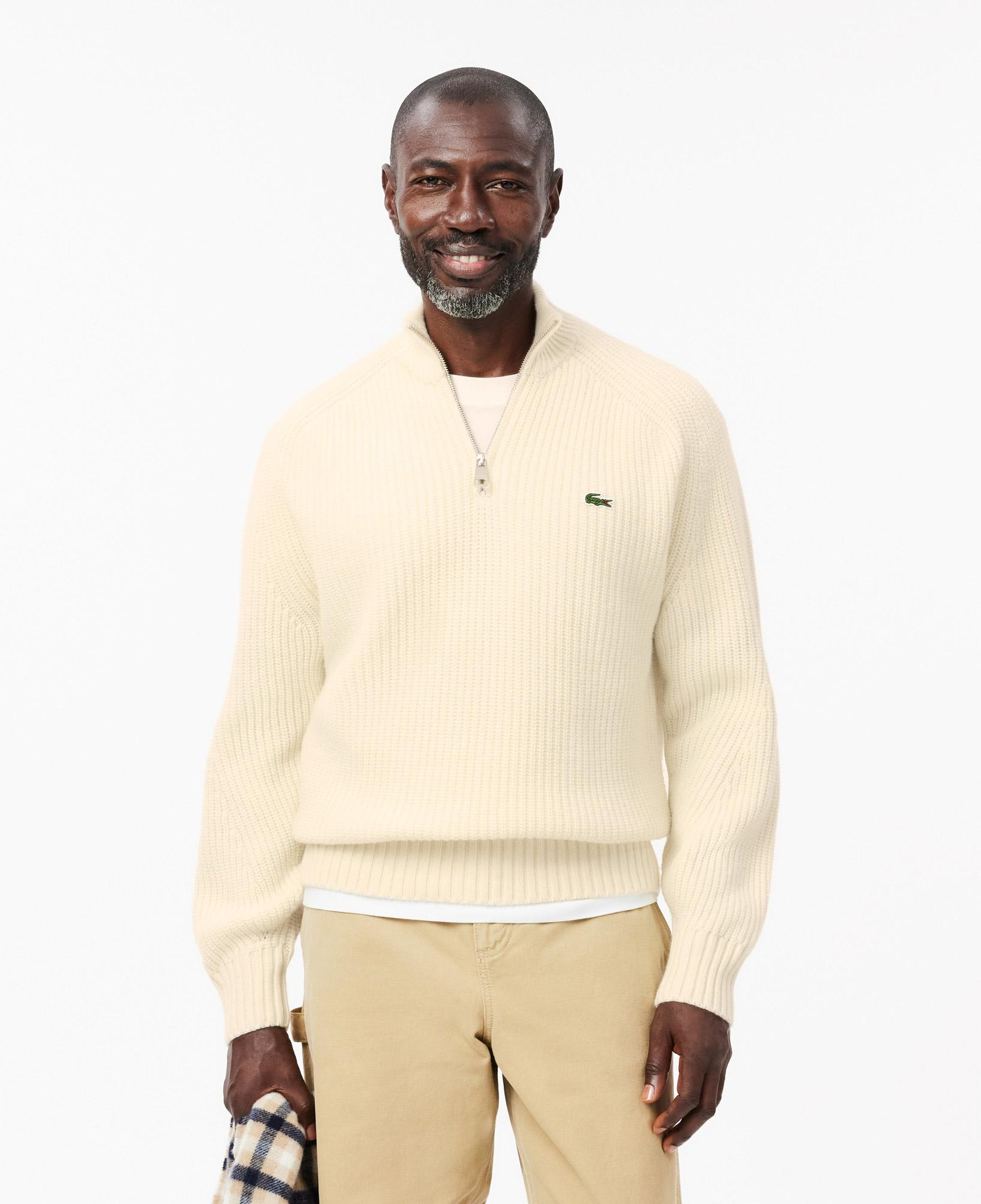 Erkek Classic Fit Yarım Fermuarlı Krem Yün Kazak