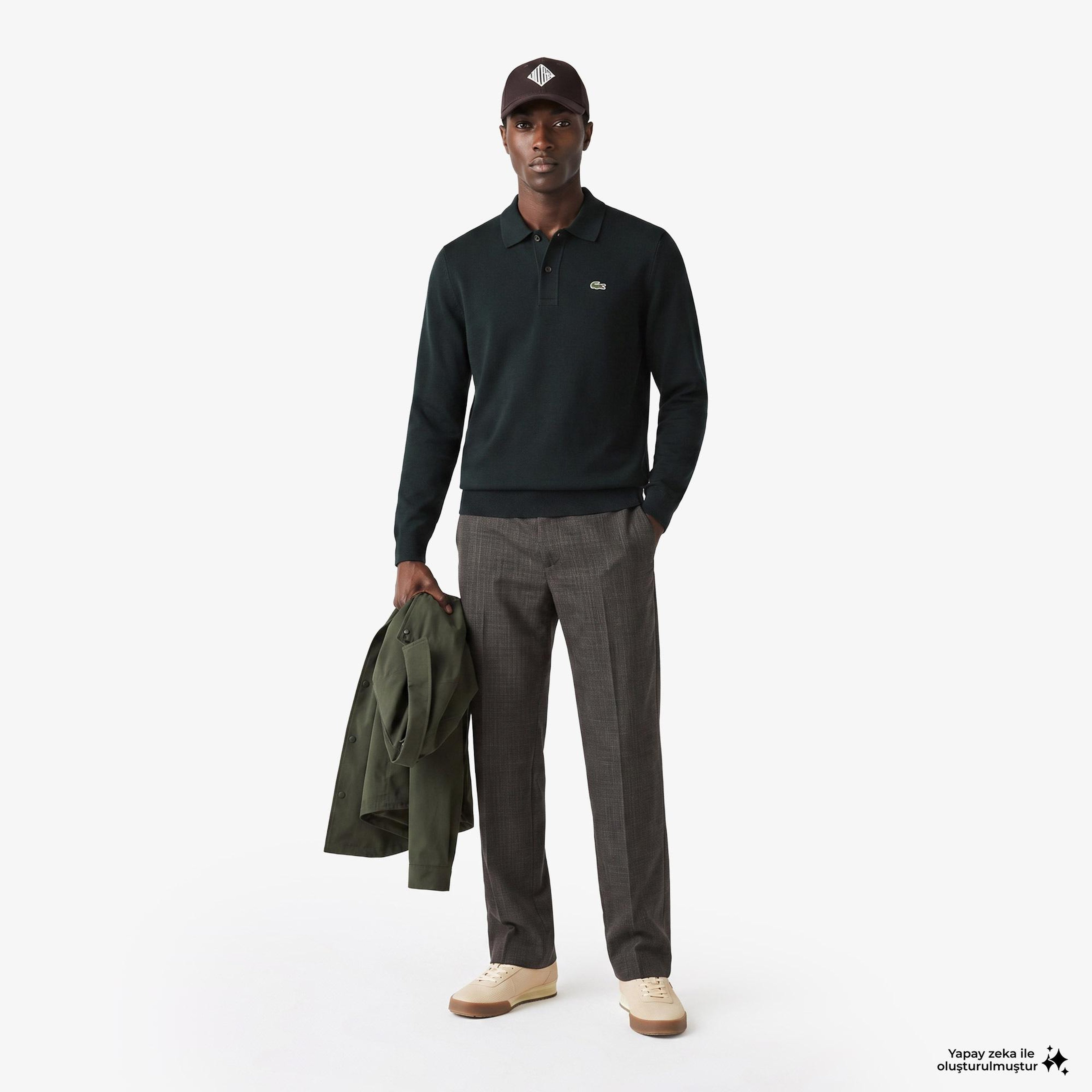 Erkek Classic Fit Polo Yaka Koyu Yeşil Kazak