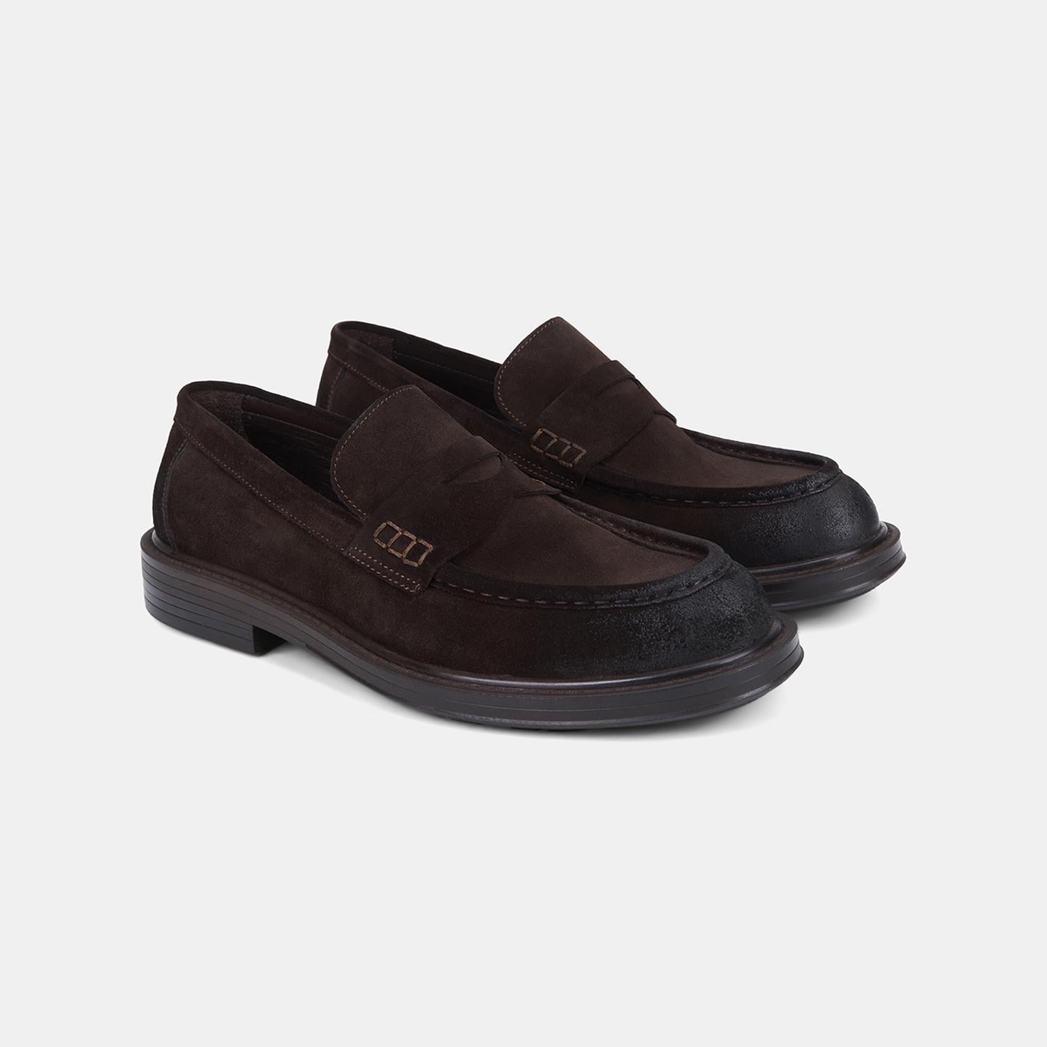 Erkek Kahve Süet Deri Bant Detaylı Klasik Loafer