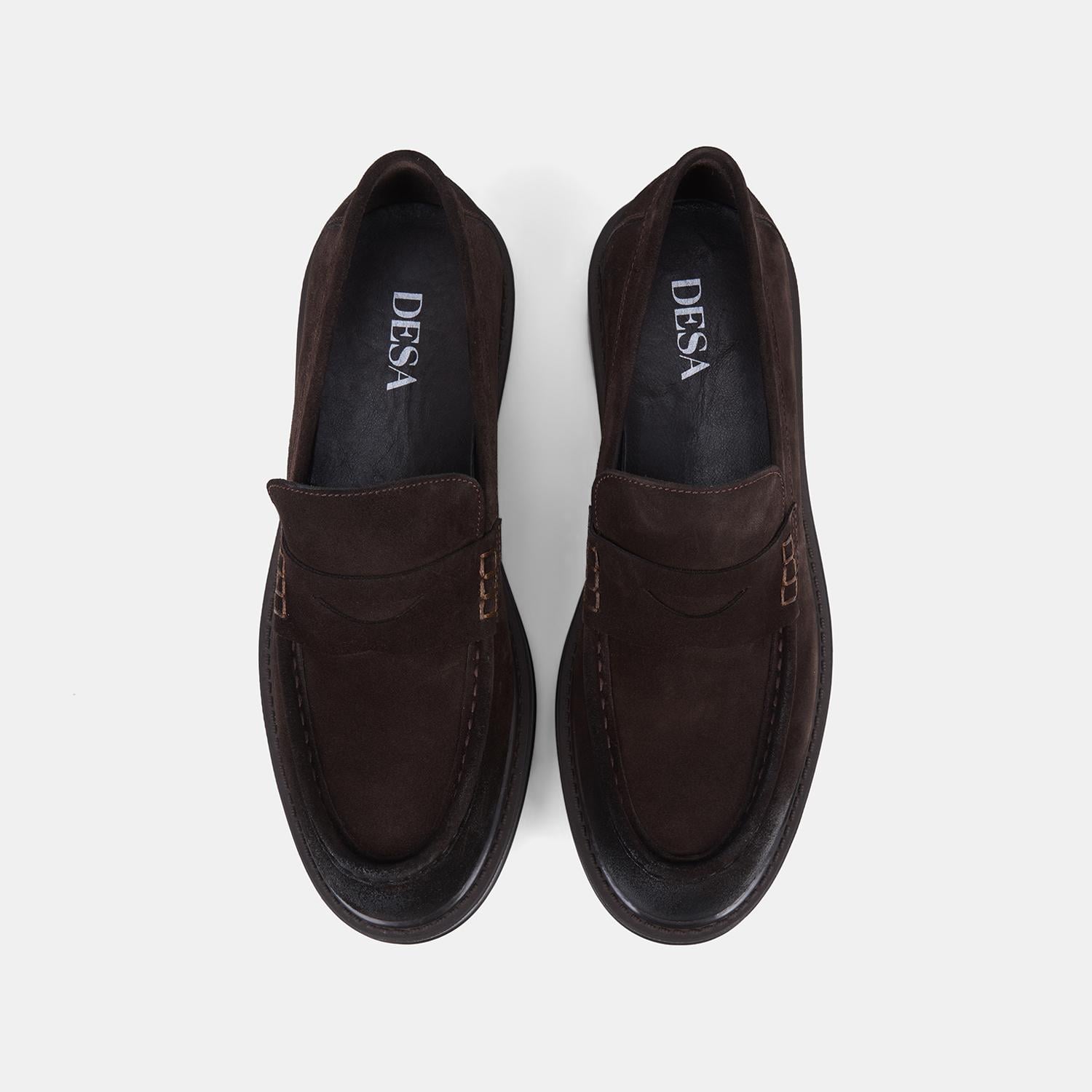 Erkek Kahve Süet Deri Bant Detaylı Klasik Loafer