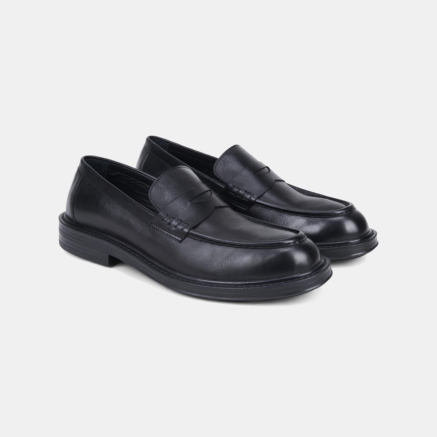 Erkek Siyah Deri Bant Detaylı Klasik Loafer