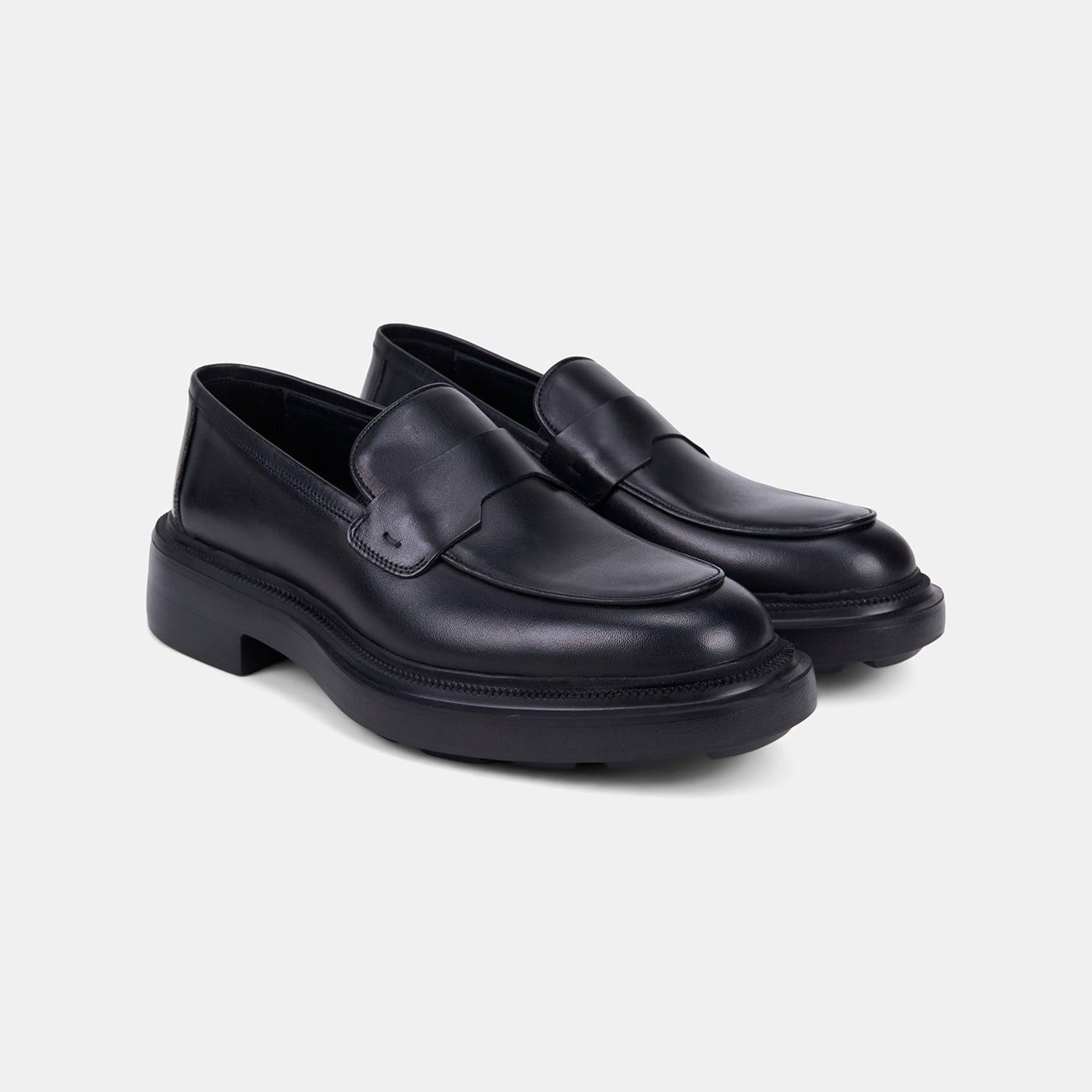 Erkek Siyah Kalın Tabanlı Klasik Deri Loafer