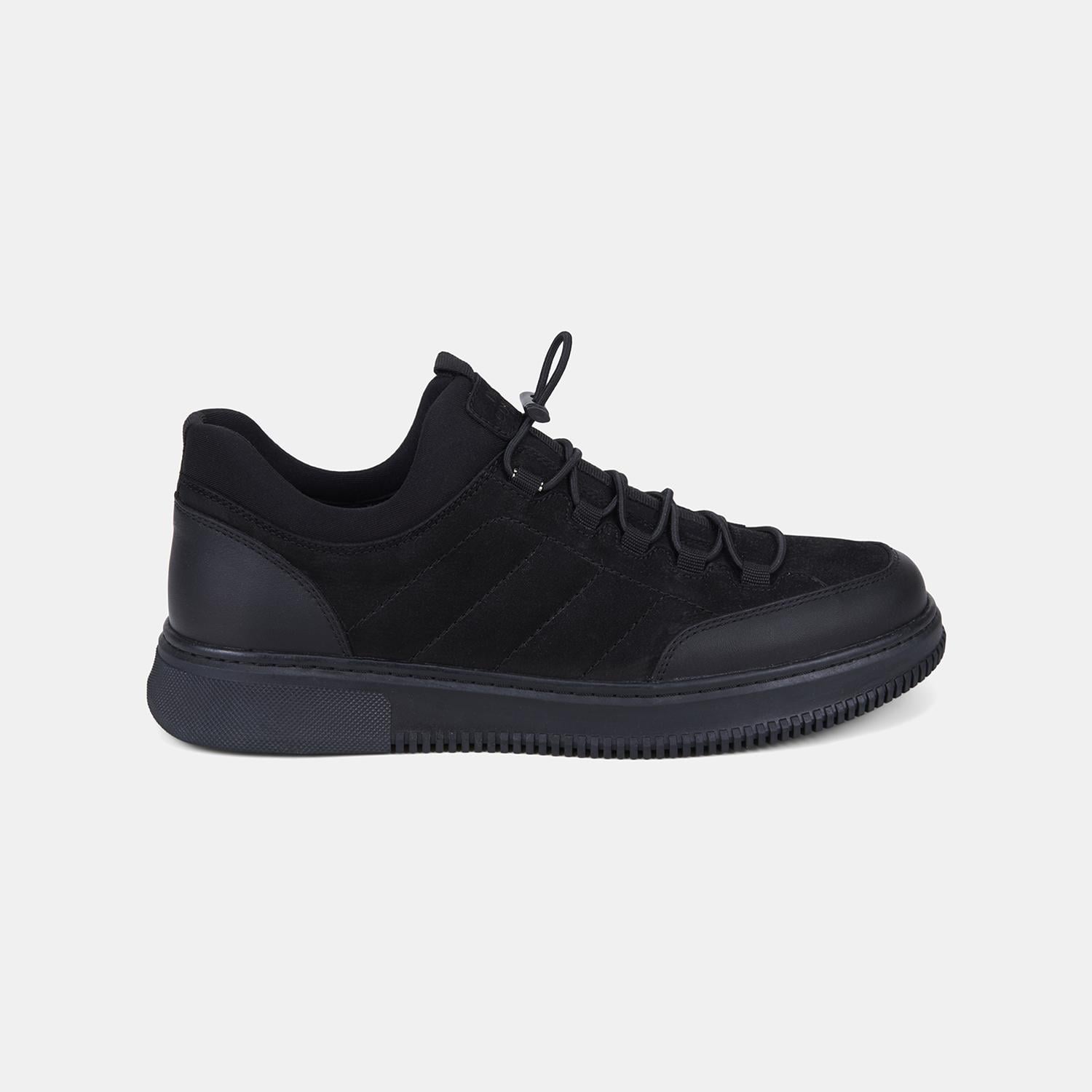 Erkek Siyah DesaComfort Esnek Bilekli Bağcıklı Deri Sneaker