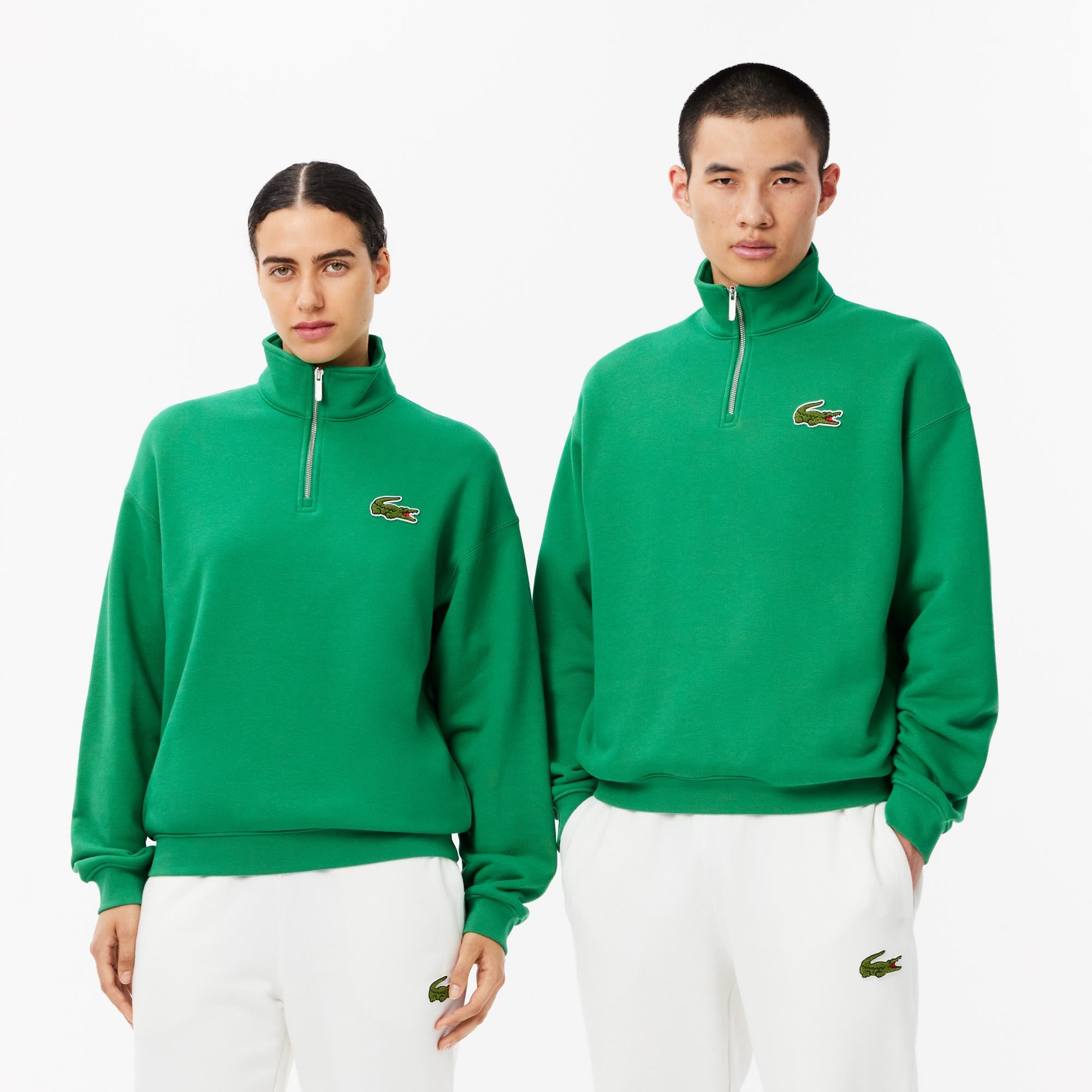 Unisex Loose Fit Yarım Fermuarlı Organik Pamuk Yeşil Sweatshirt