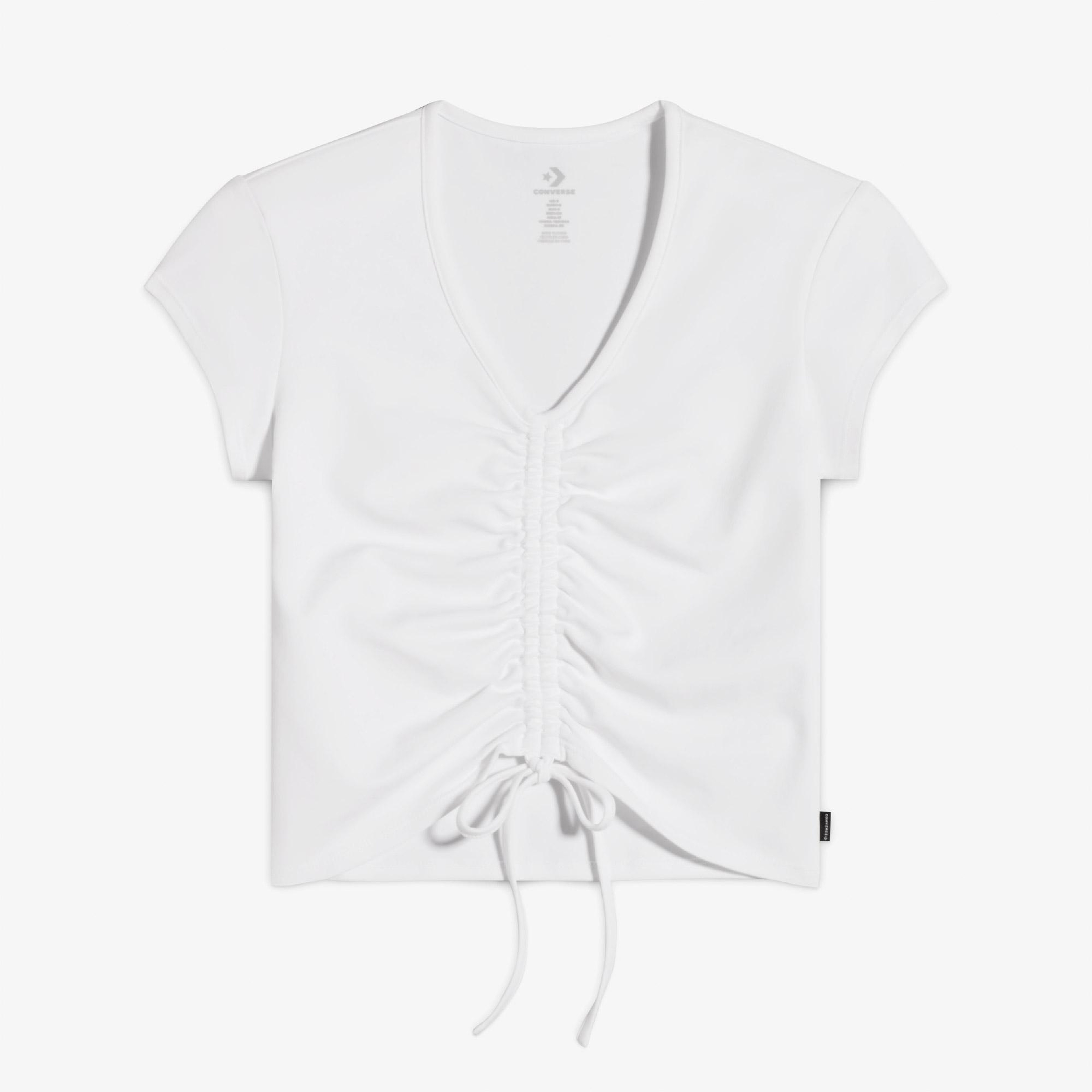 Converse Classic Kadın Slim Fit V Yaka Büzgülü Beyaz T-Shirt
