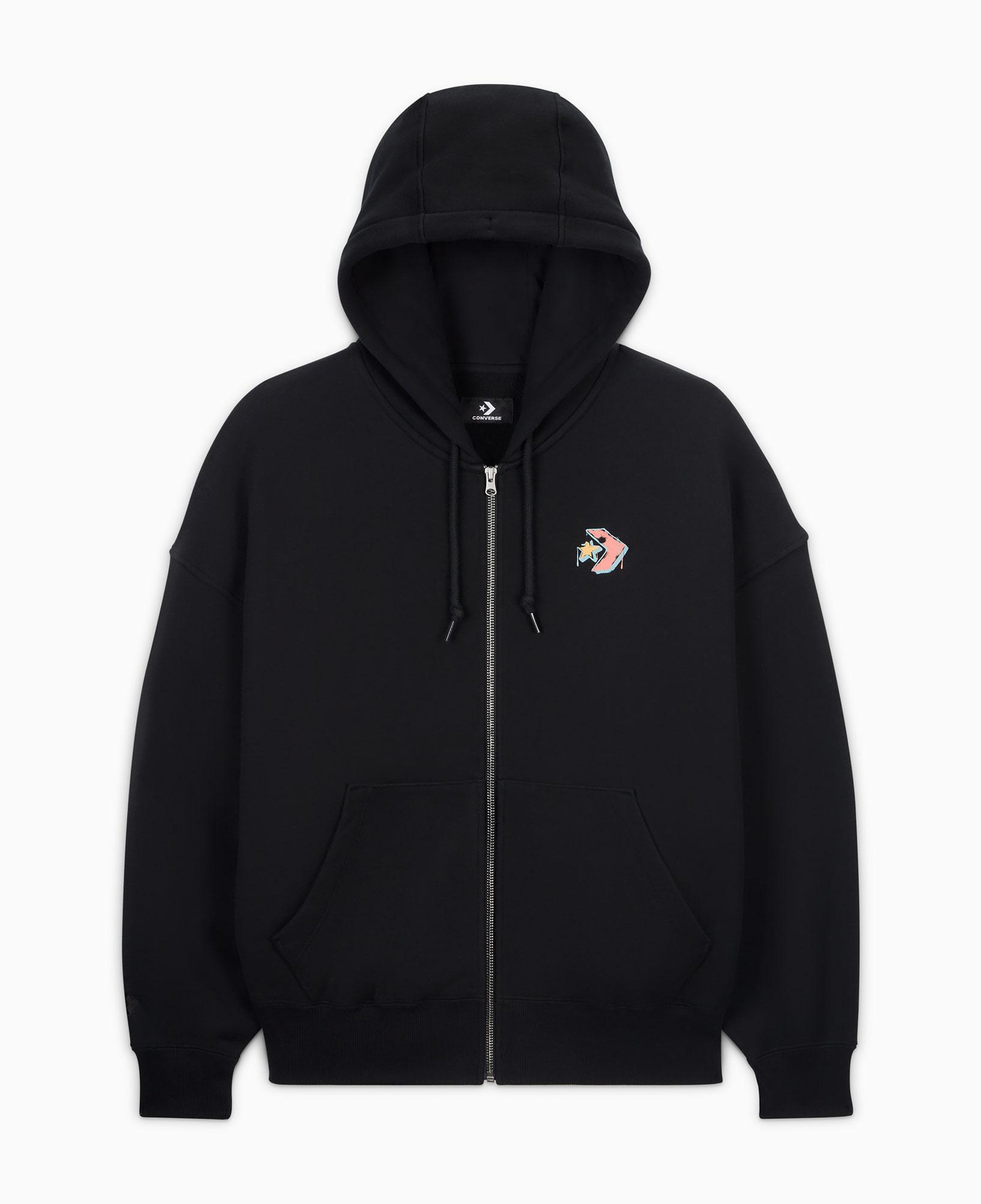 Converse Classic Kadın Oversized Fit Fermuarlı Grafik Baskılı Siyah Hoodie