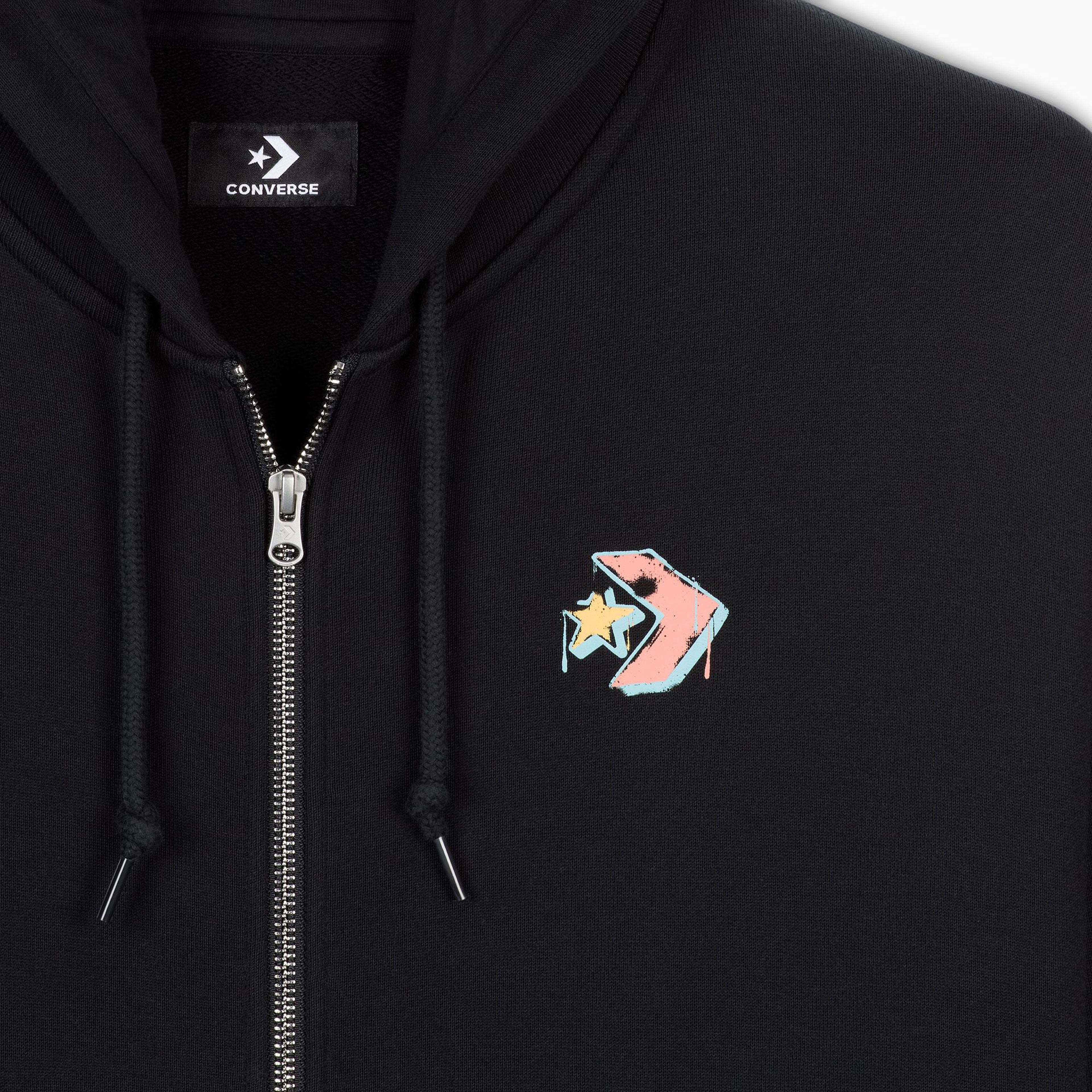Converse Classic Kadın Oversized Fit Fermuarlı Grafik Baskılı Siyah Hoodie