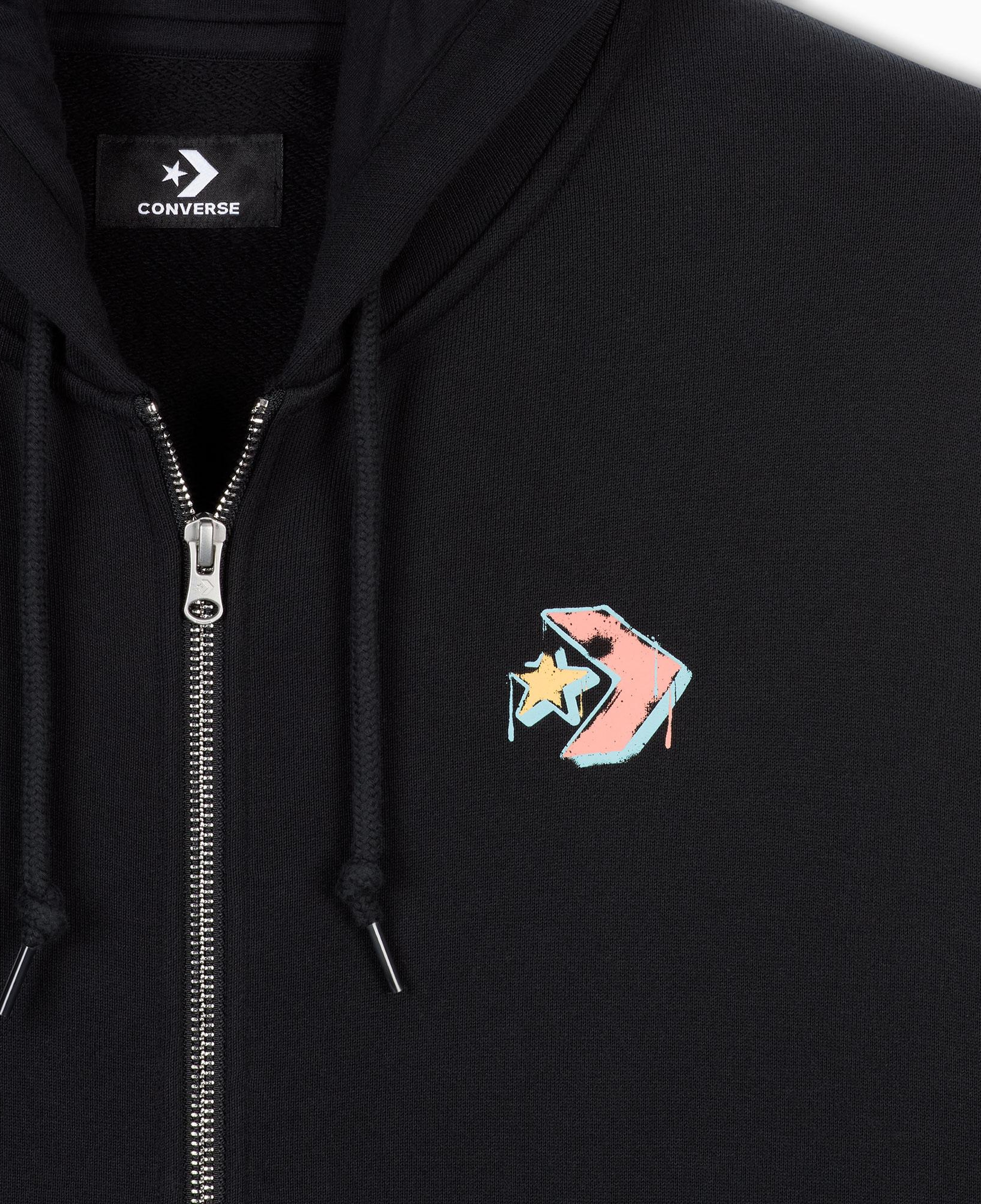 Converse Classic Kadın Oversized Fit Fermuarlı Grafik Baskılı Siyah Hoodie