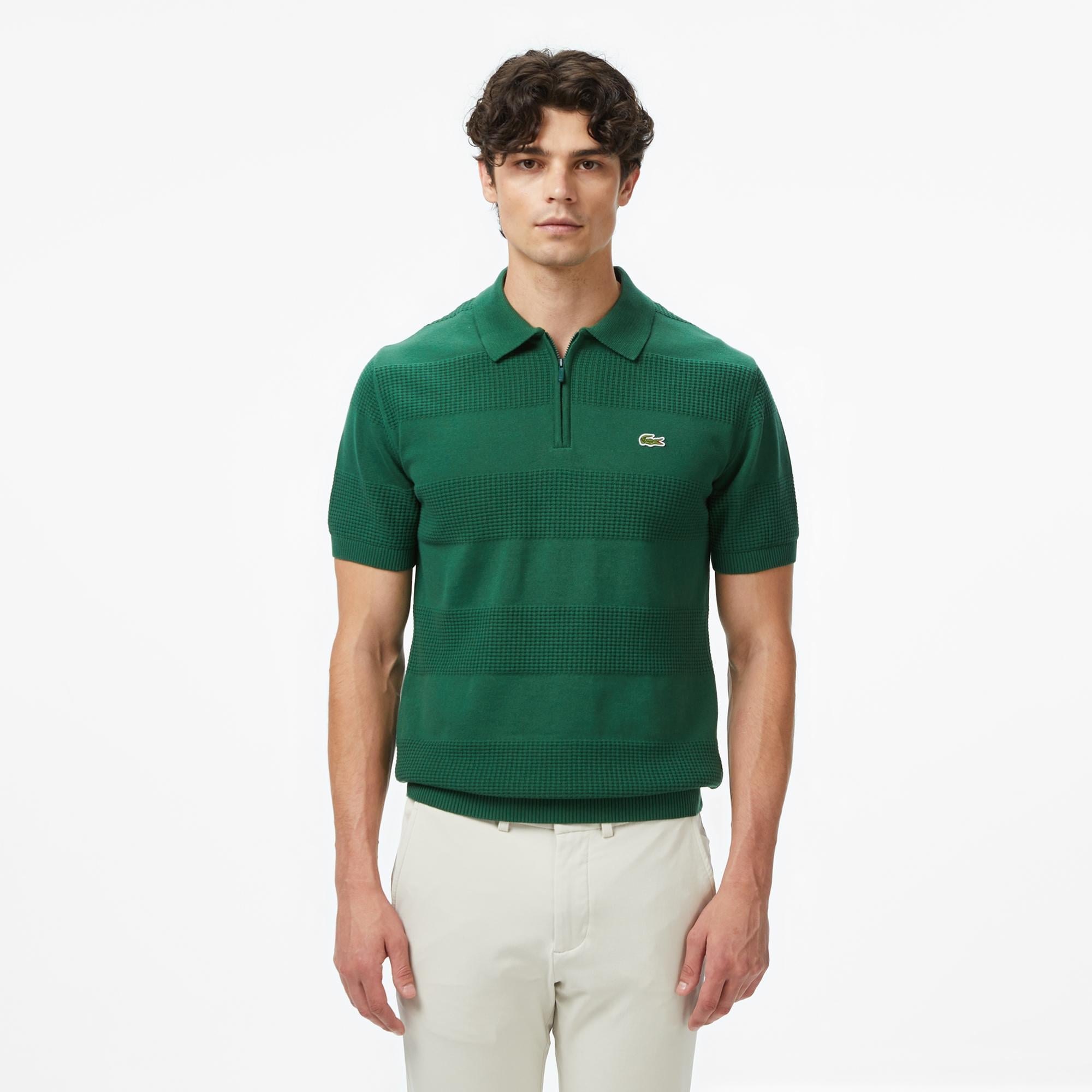 Erkek Classic Fit Kısa Kollu Polo Yaka Desenli Yeşil Triko