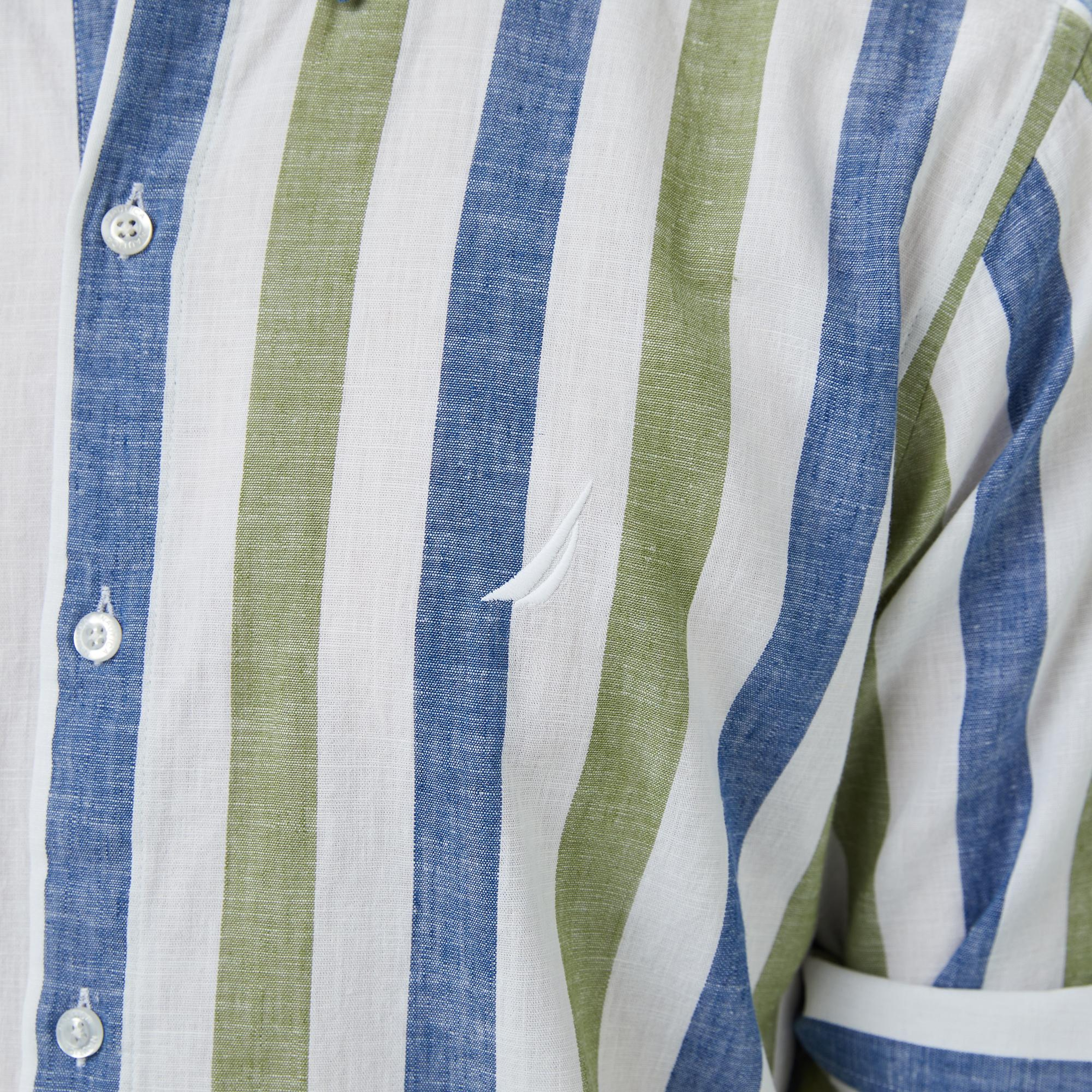 Nautica Erkek Yeşil Classic Fit Çizgili Keten Karışımlı Gömlek
