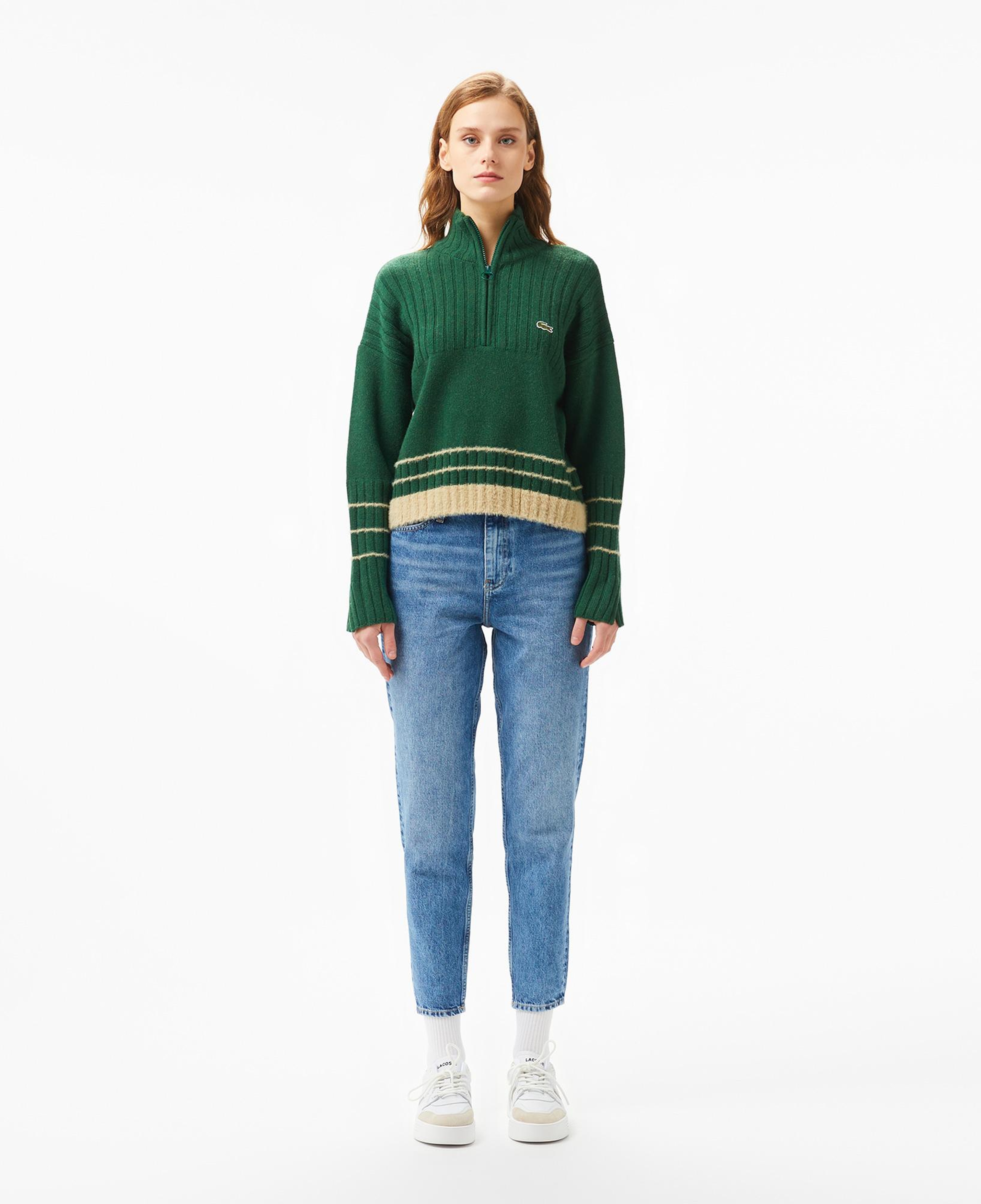Lacoste Kadın Regular Fit Yarım Fermuarlı Renk Bloklu Yeşil Yün Karışımlı Kazak