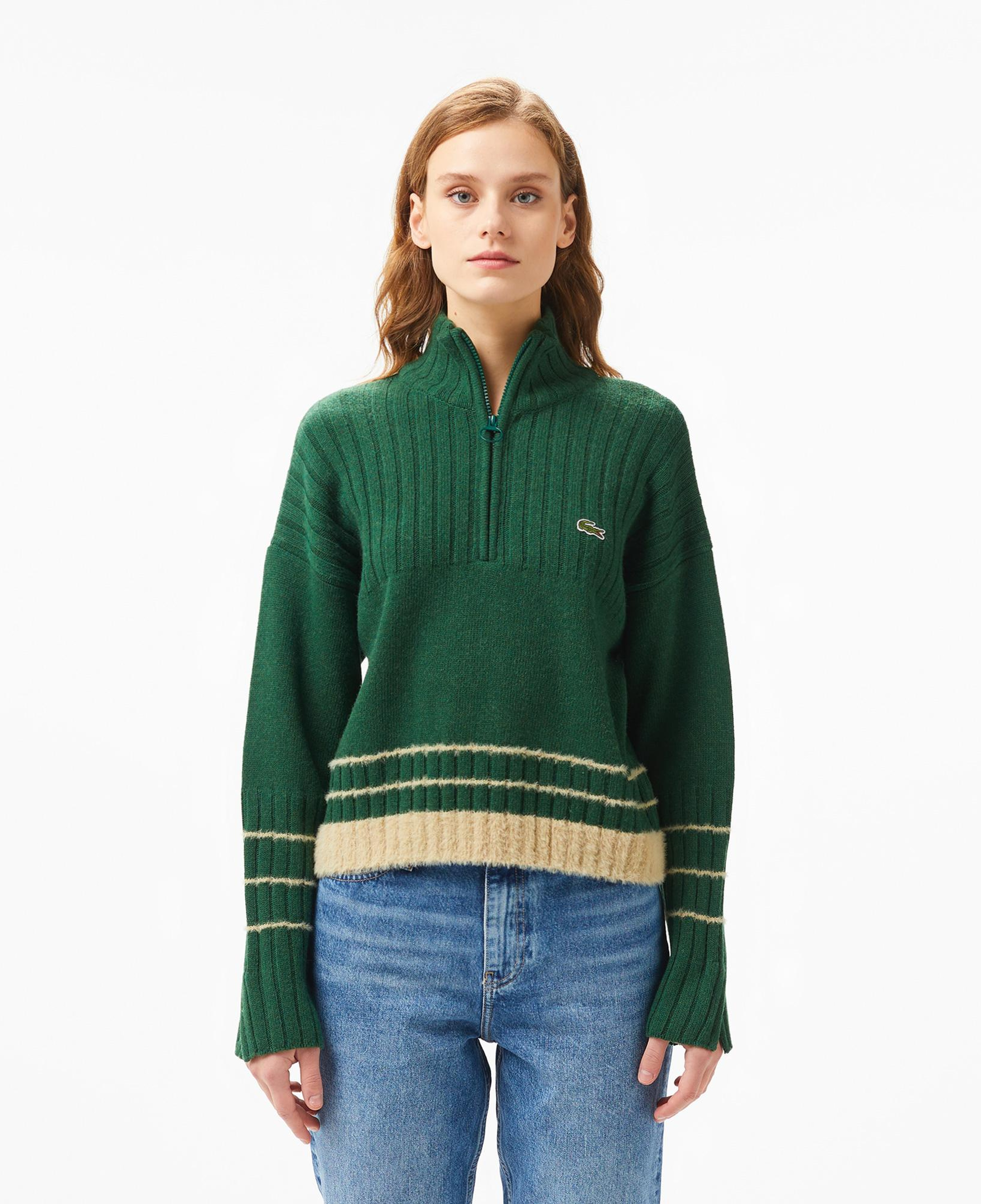 Lacoste Kadın Regular Fit Yarım Fermuarlı Renk Bloklu Yeşil Yün Karışımlı Kazak