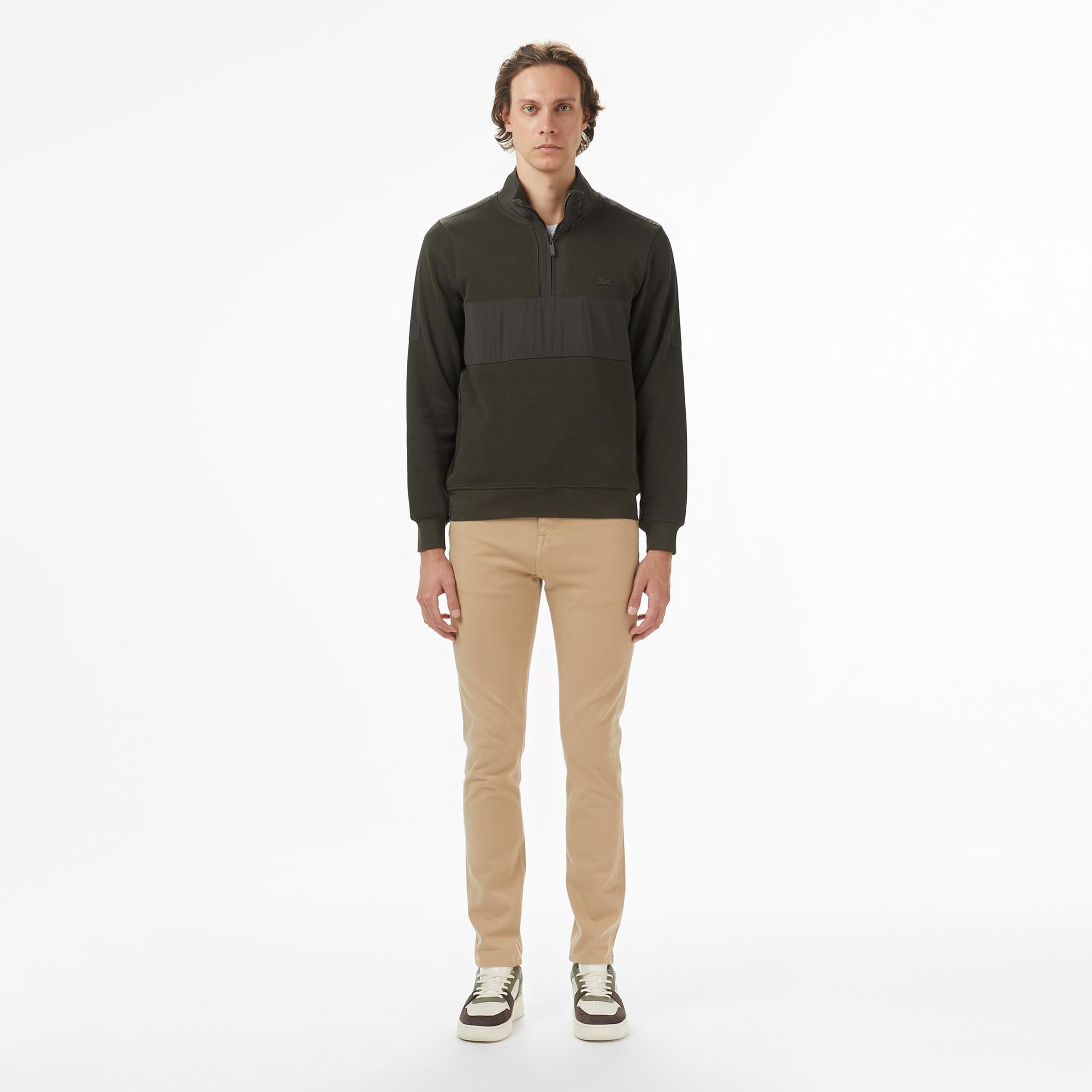 Erkek Classic Fit Yarım Fermuarlı Haki Sweatshirt