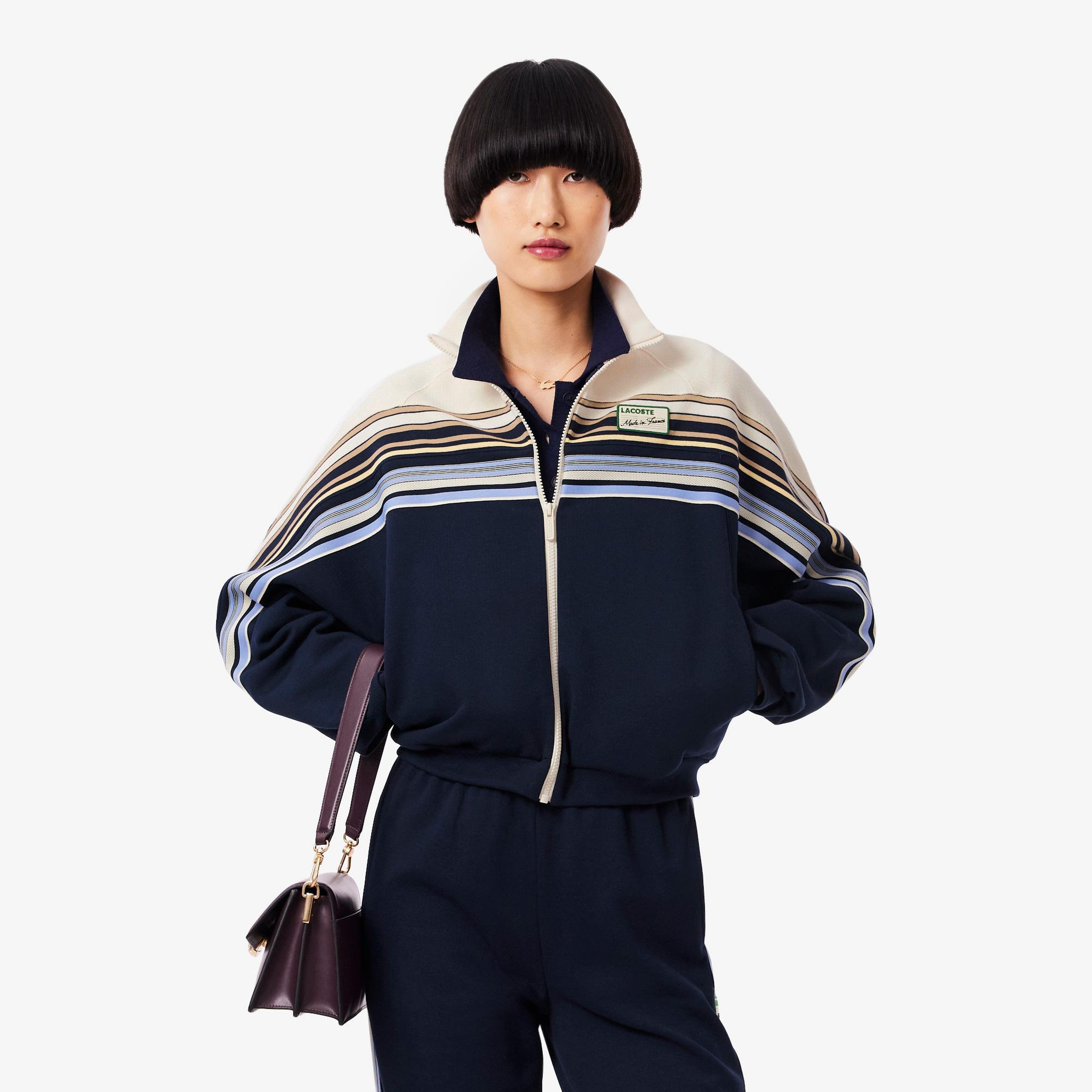 Kadın Relaxed Fit Fermuarlı Çizgili Lacivert Modal Karışımlı Sweatshirt