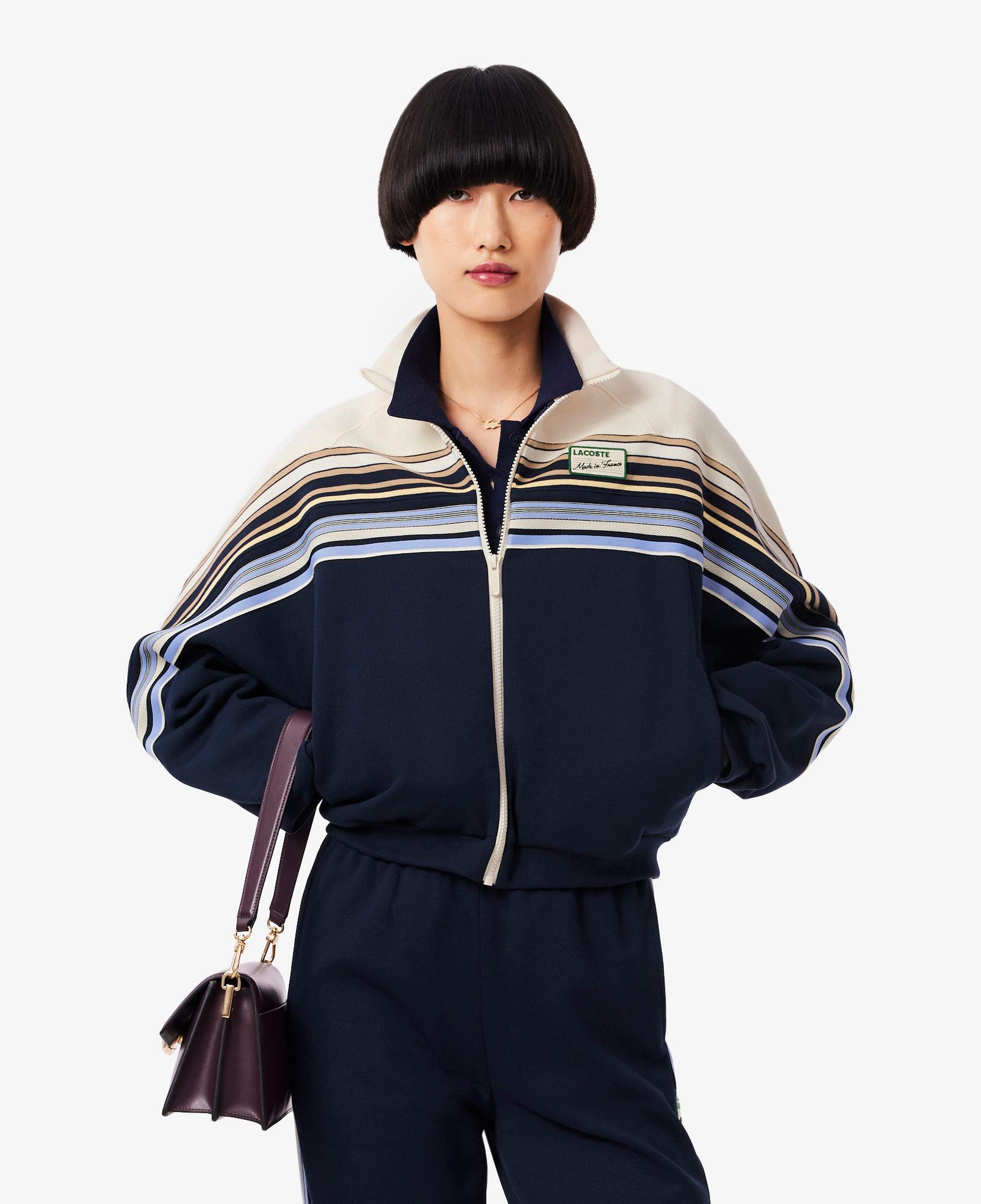 Kadın Relaxed Fit Fermuarlı Çizgili Lacivert Modal Karışımlı Sweatshirt
