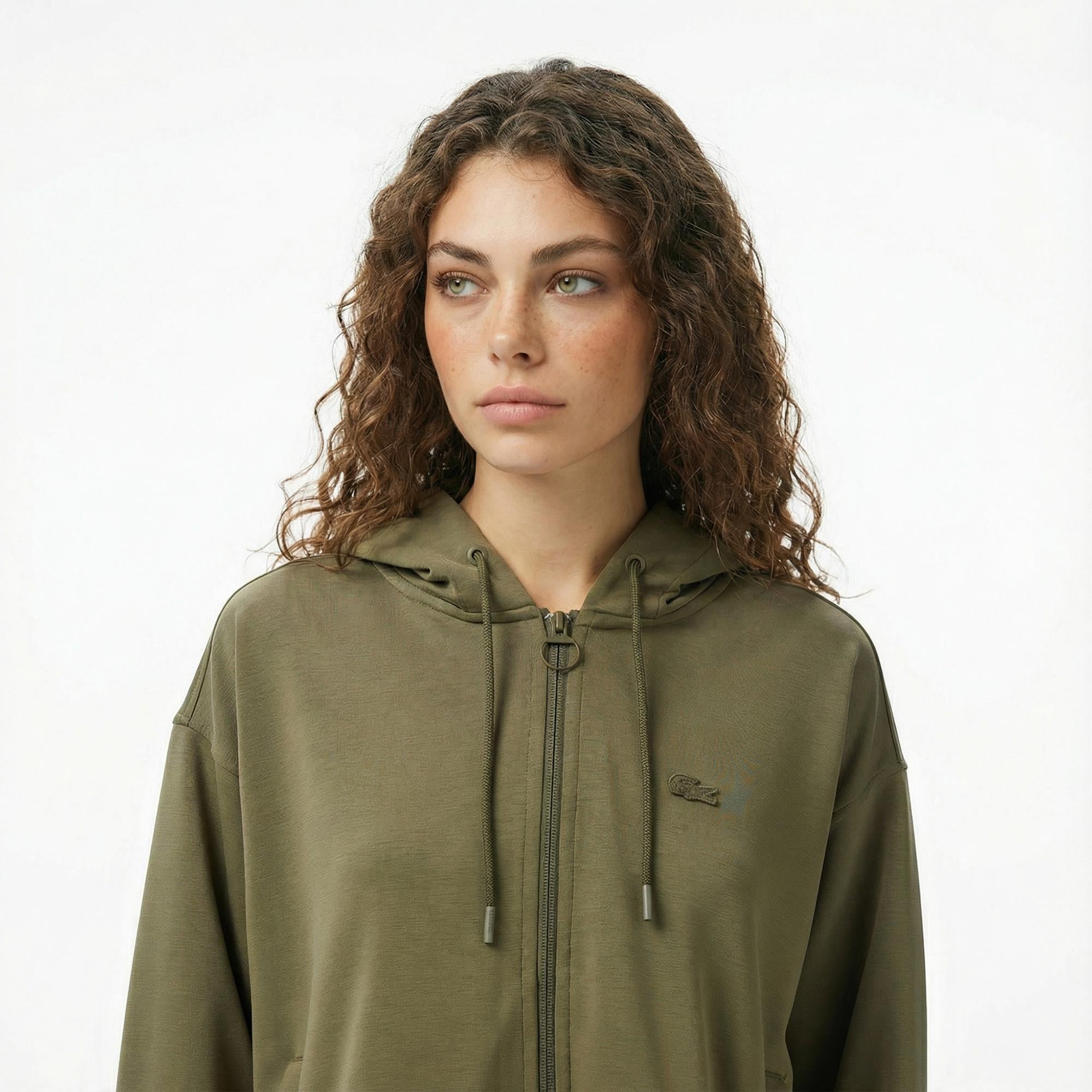 Lacoste Kadın Relaxed Fit Kapüşonlu Haki Modal Karışımlı Sweatshirt