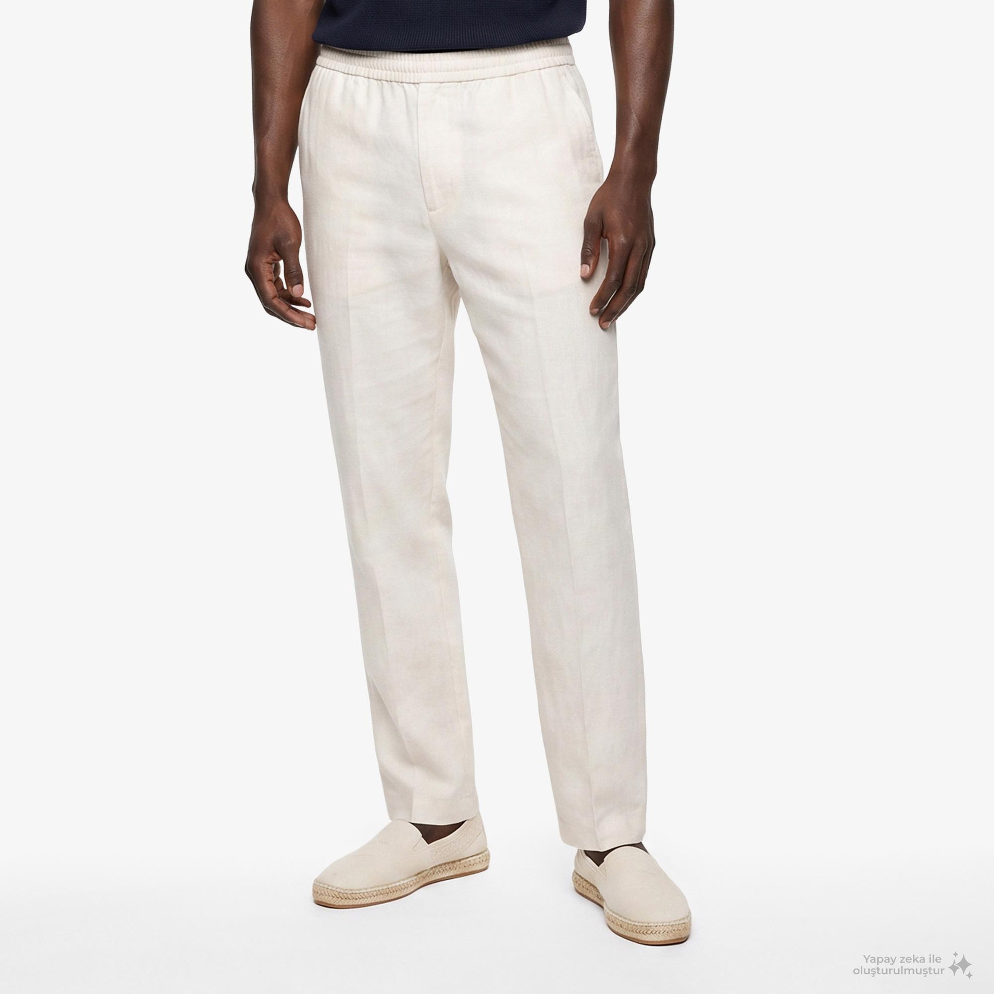 Calvin Klein Straight Pull On Erkek Bej Keten Pantolon
