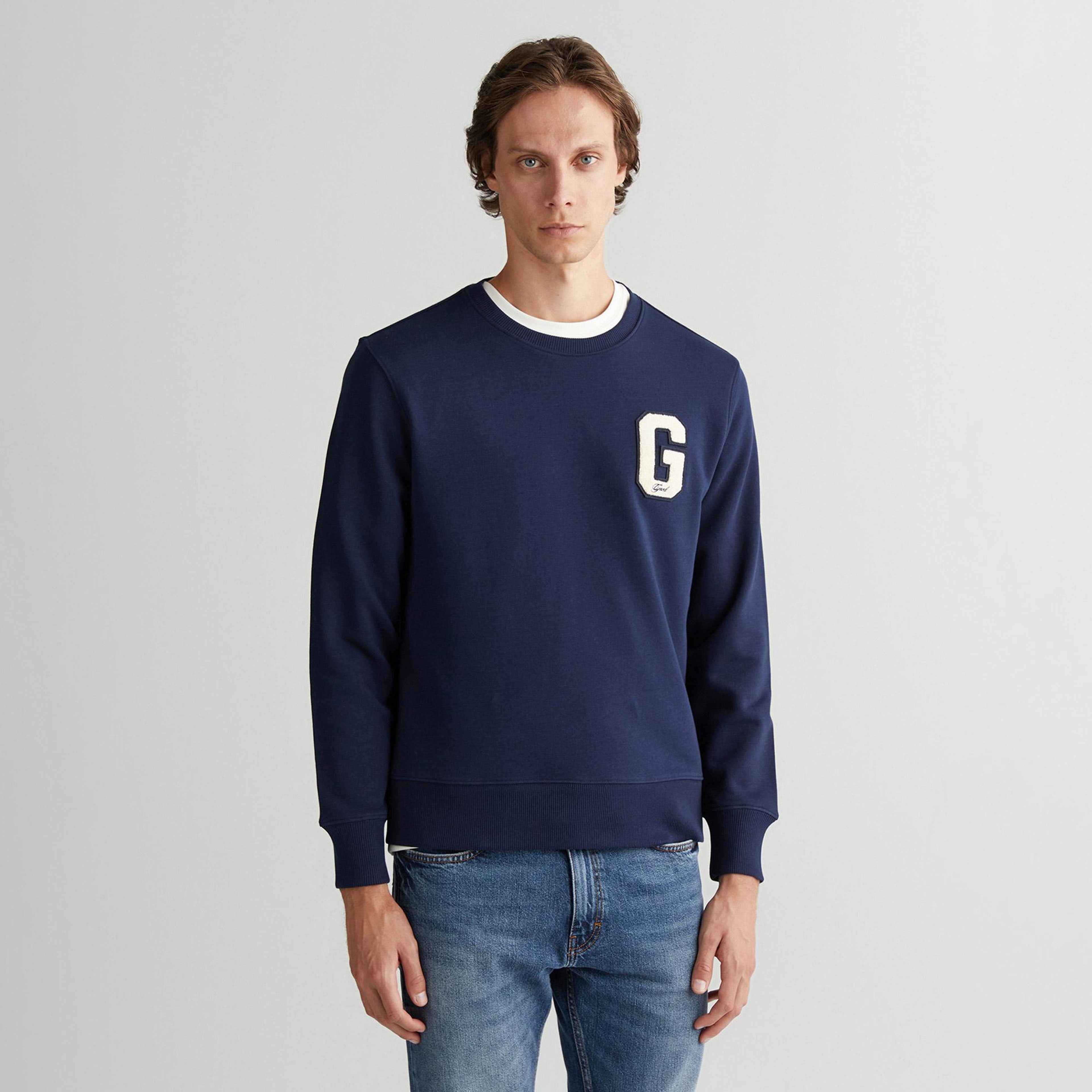 GANT Erkek Lacivert Regular Fit Bisiklet Yaka Logolu Sweatshirt
