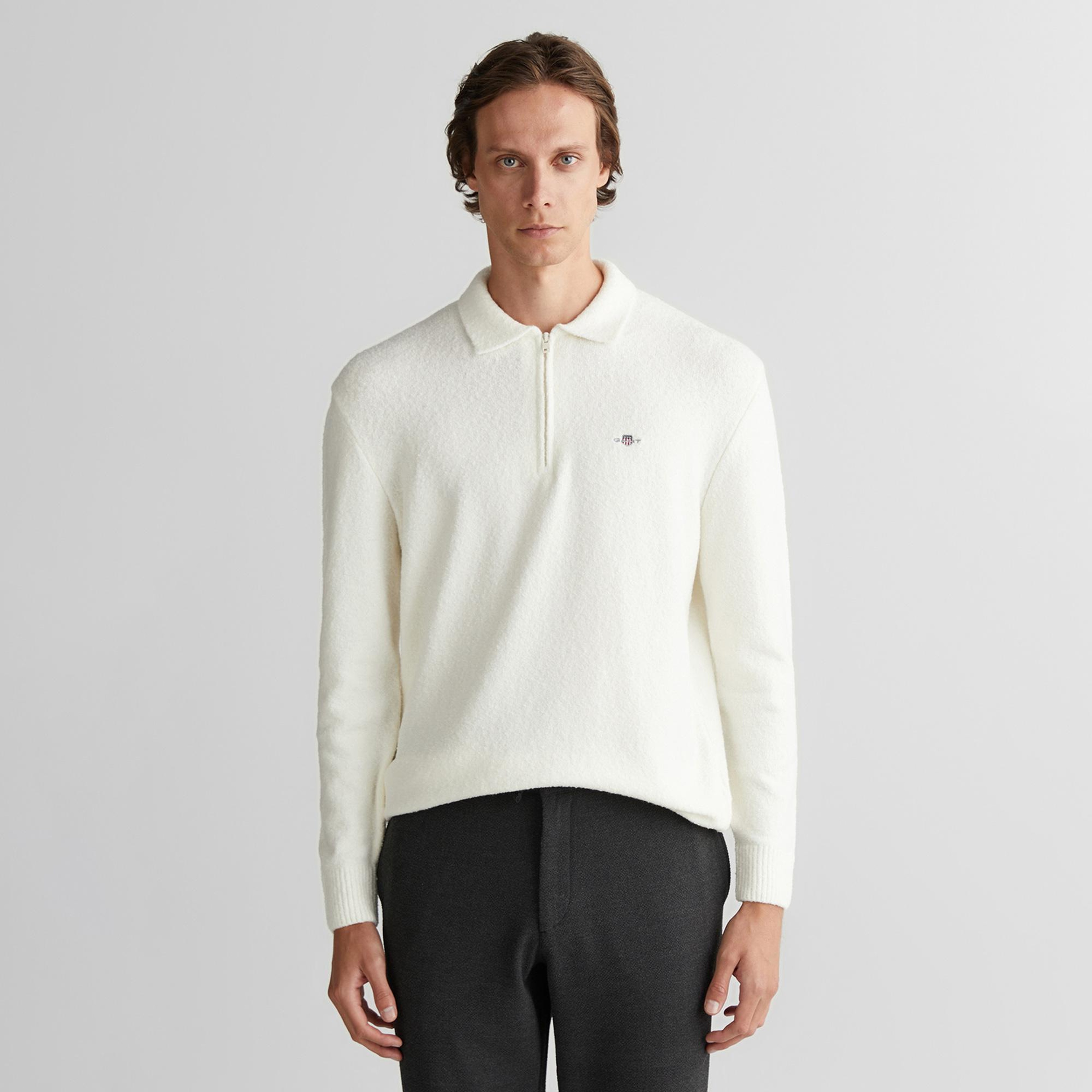 GANT Erkek Beyaz Relaxed Fit Fermuarlı Triko