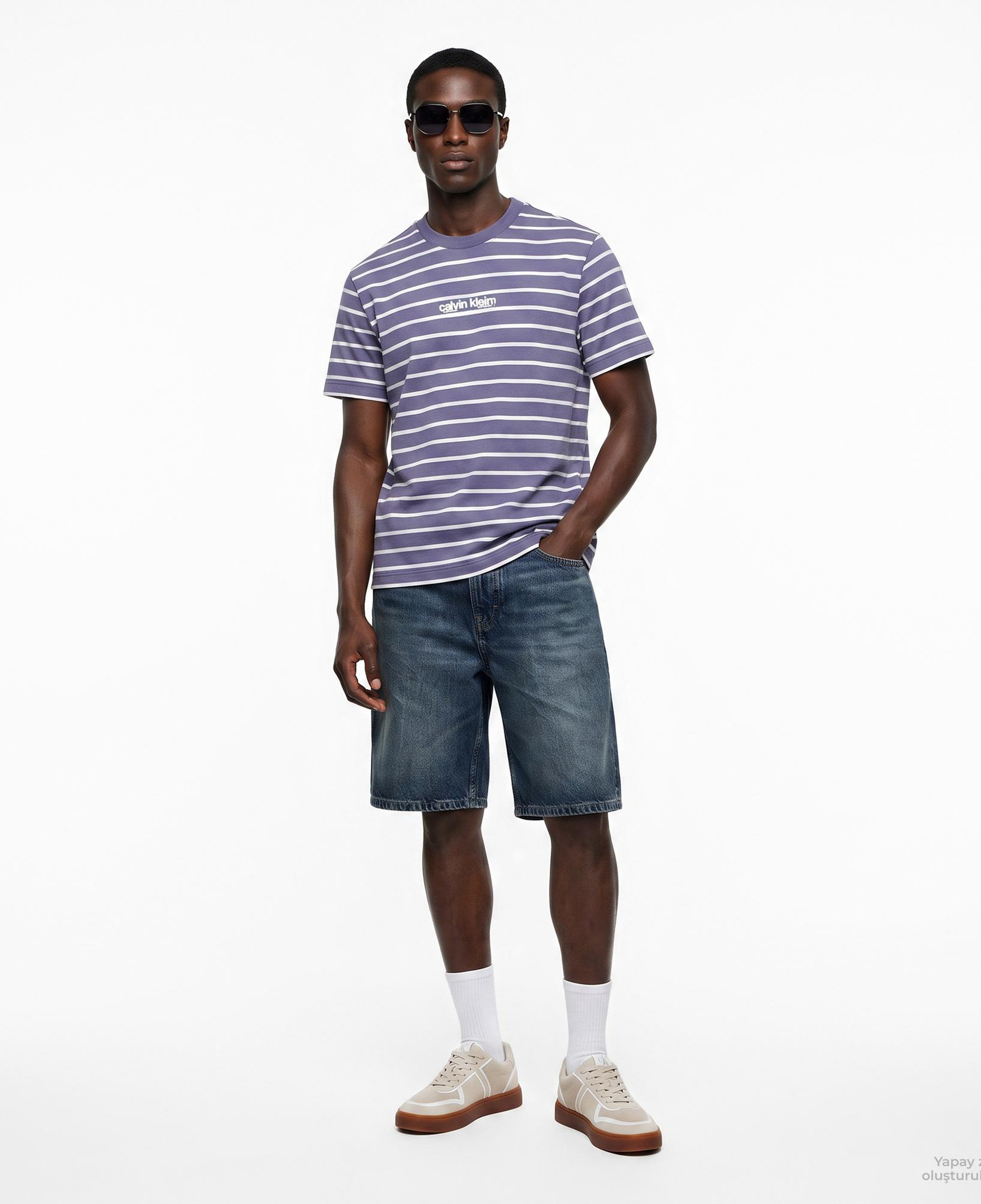 Calvin Klein 16S Stripe Easy Logo Erkek Mavi T-Shirt