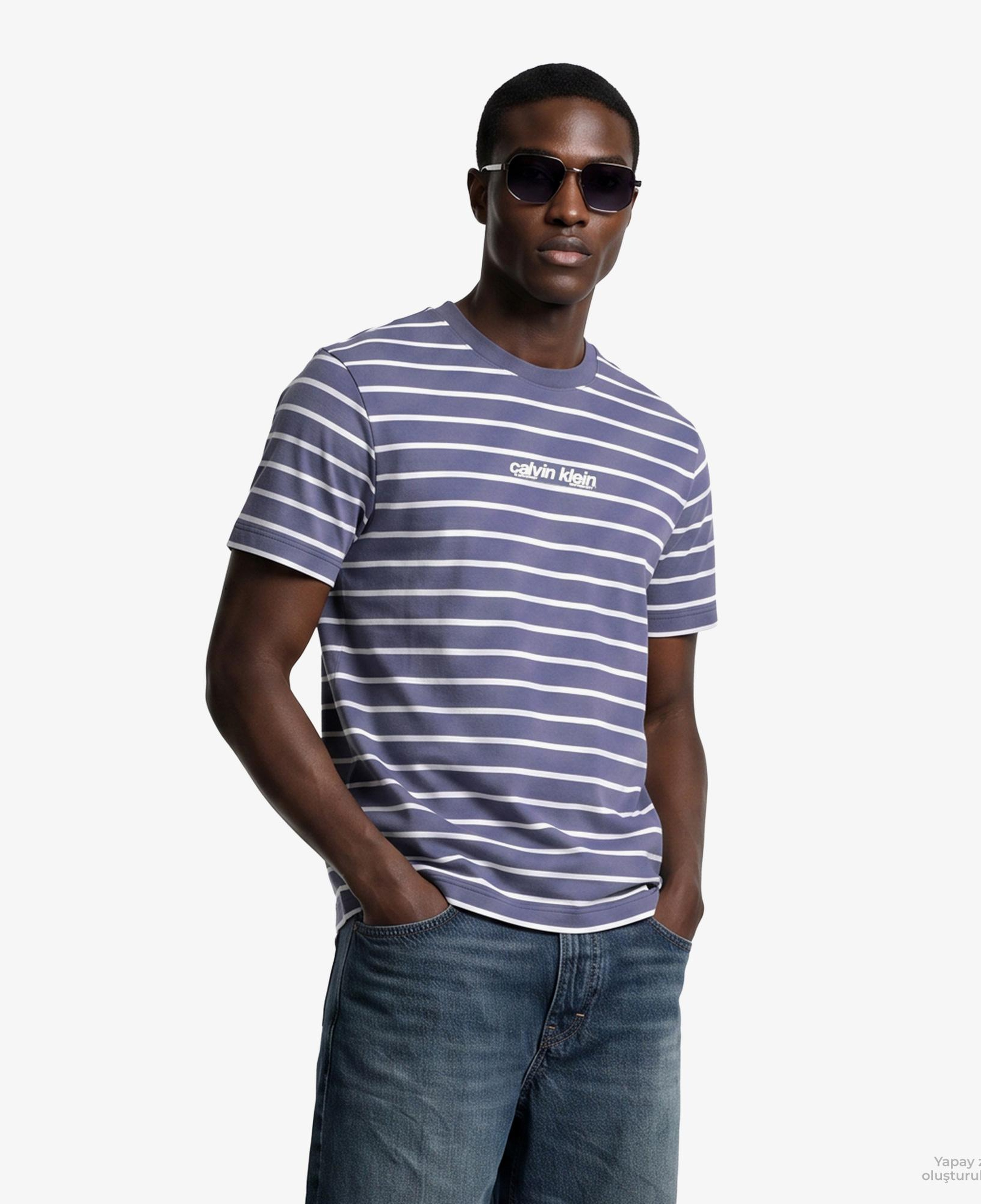 Calvin Klein 16S Stripe Easy Logo Erkek Mavi T-Shirt