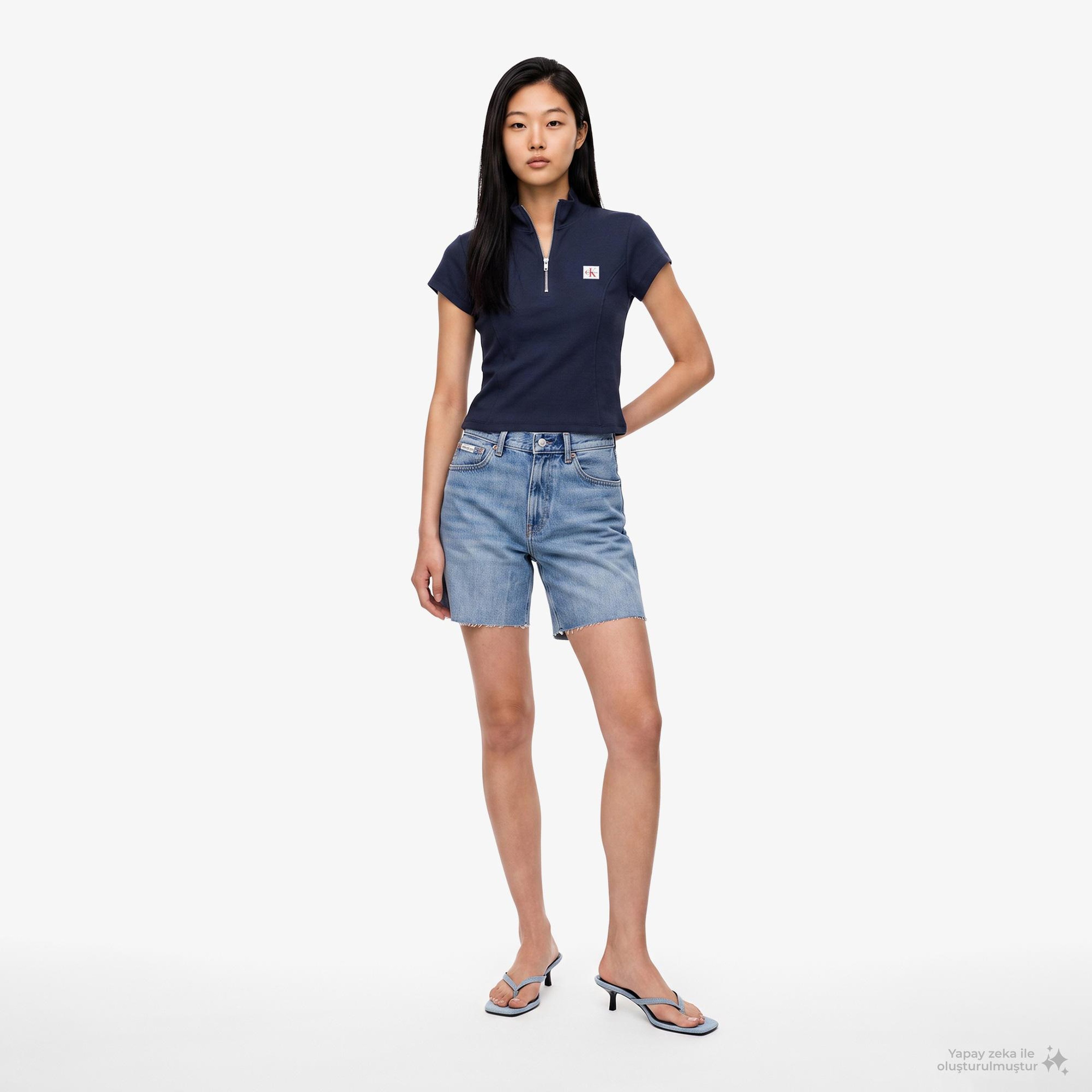 Calvin Klein Woven Label 2X2 Baby Rib Zip Kadın Mavi T-Shirt