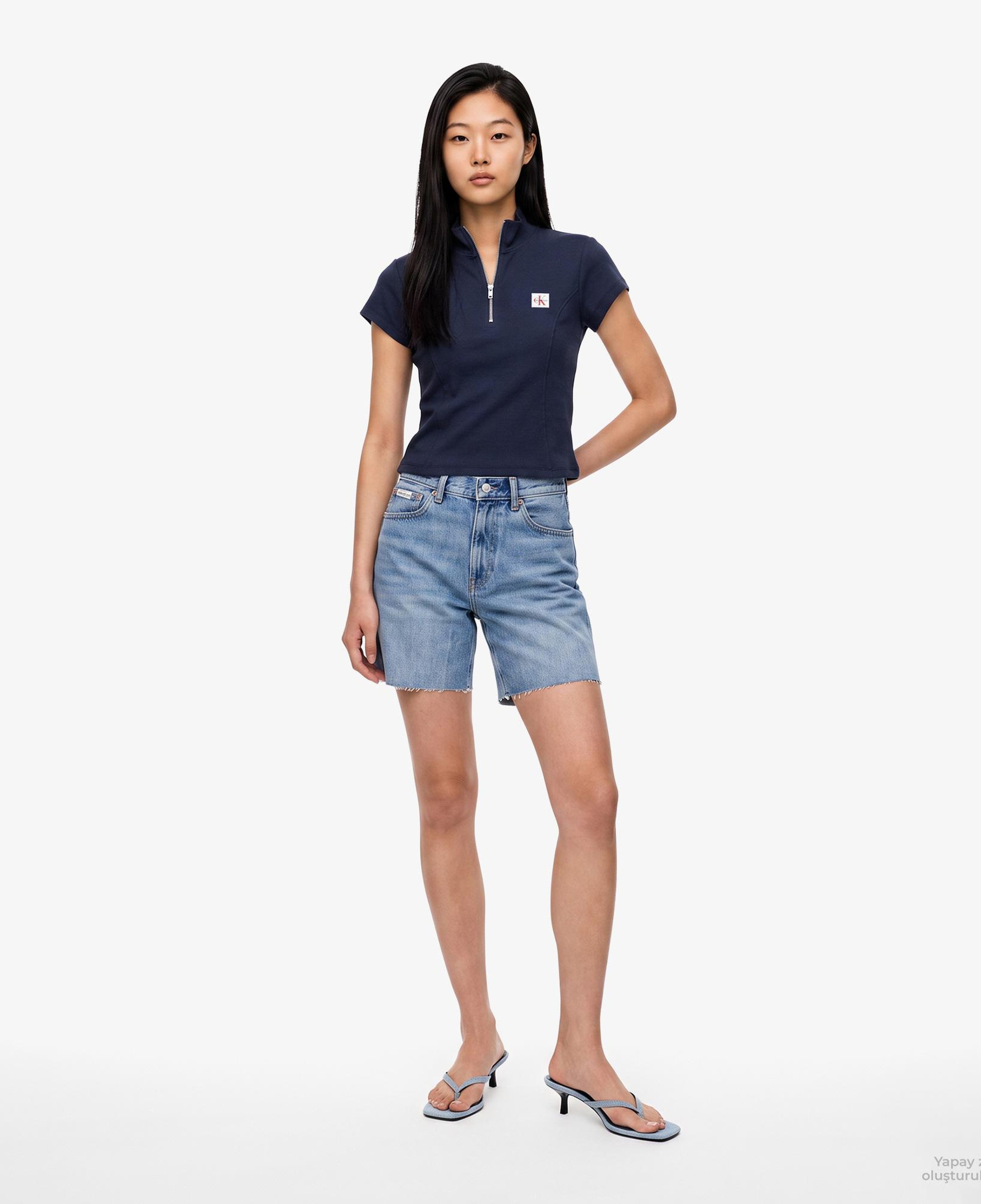 Calvin Klein Woven Label 2X2 Baby Rib Zip Kadın Mavi T-Shirt