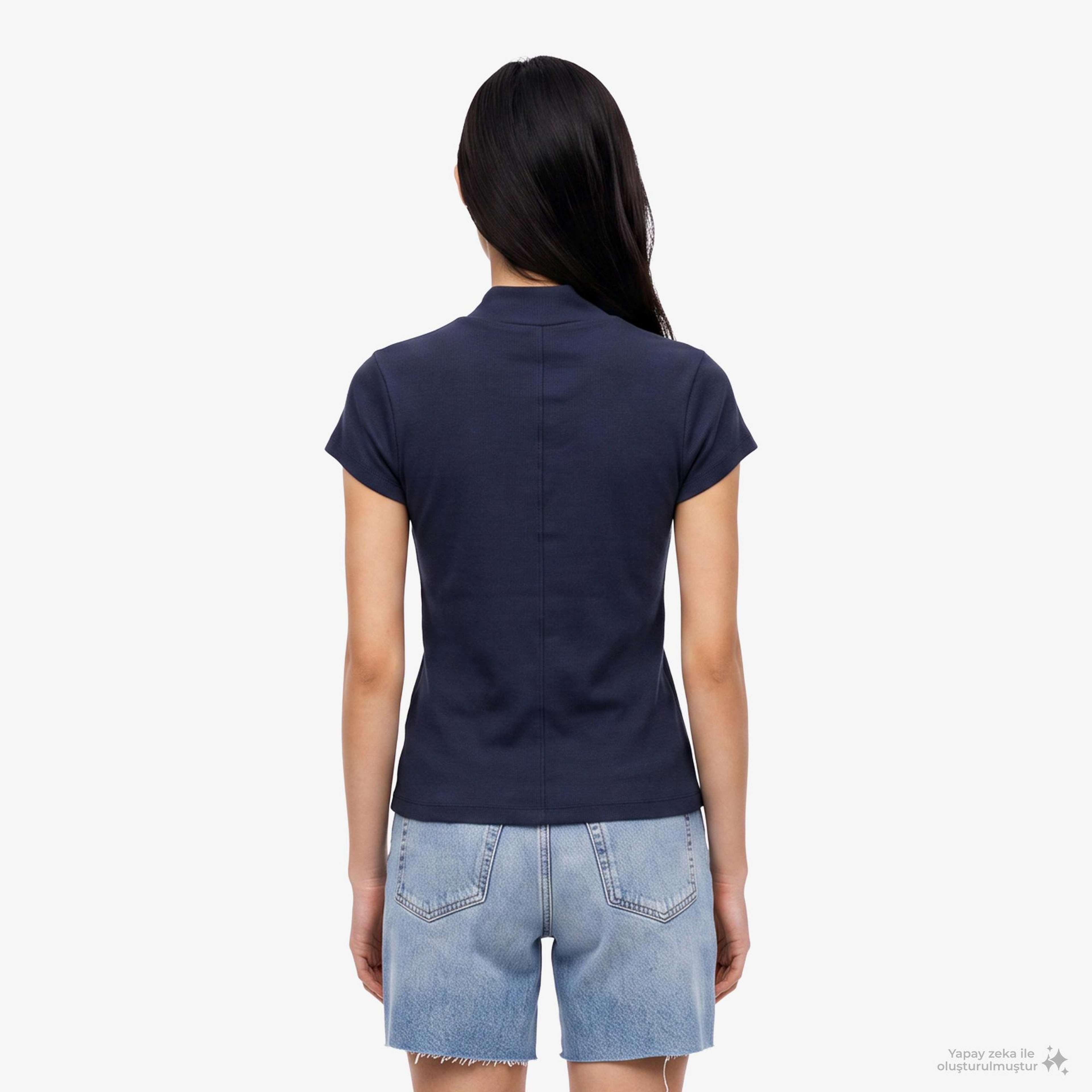 Calvin Klein Woven Label 2X2 Baby Rib Zip Kadın Mavi T-Shirt