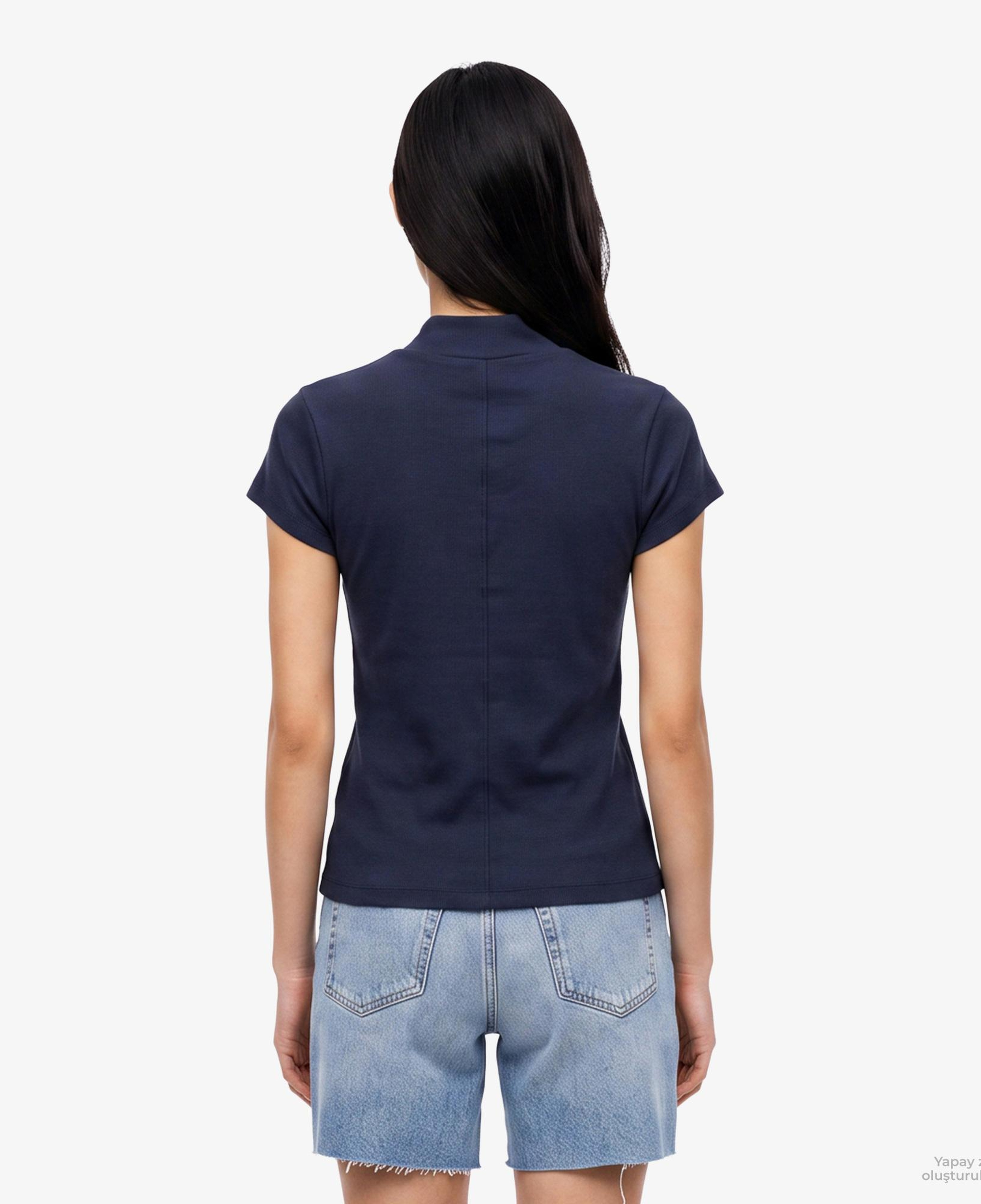 Calvin Klein Woven Label 2X2 Baby Rib Zip Kadın Mavi T-Shirt