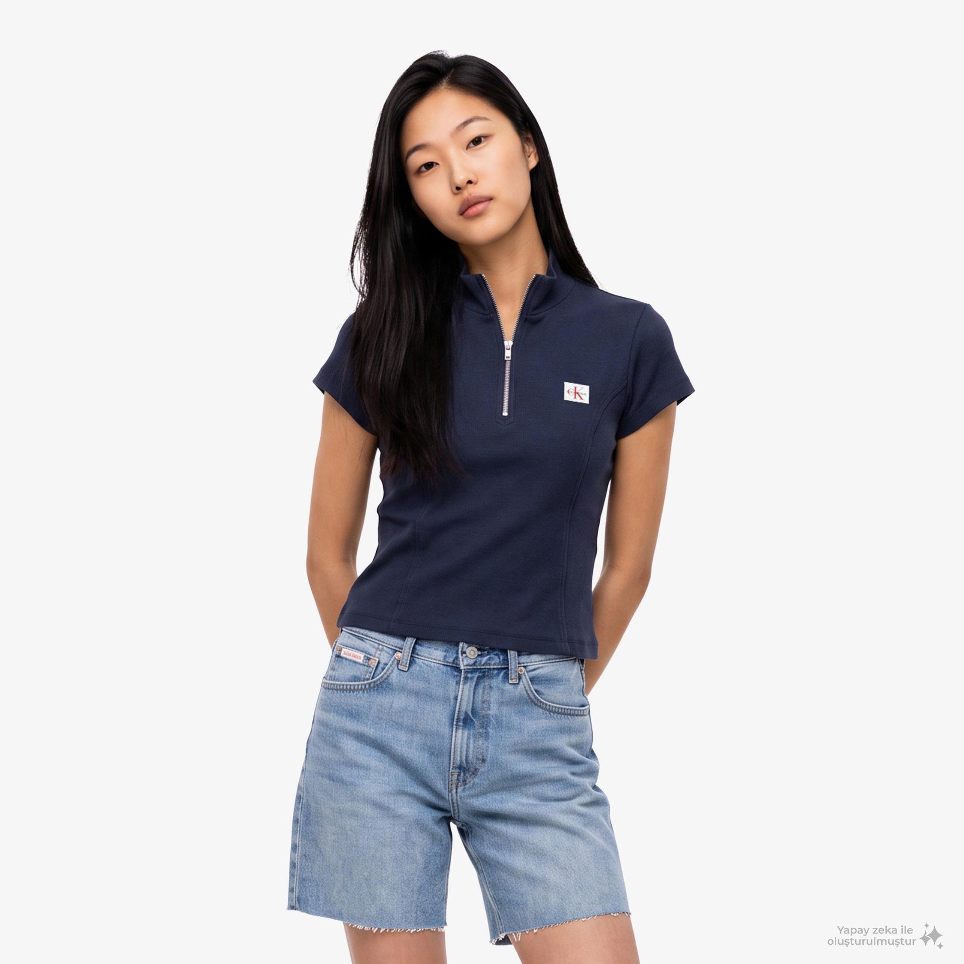 Calvin Klein Woven Label 2X2 Baby Rib Zip Kadın Mavi T-Shirt
