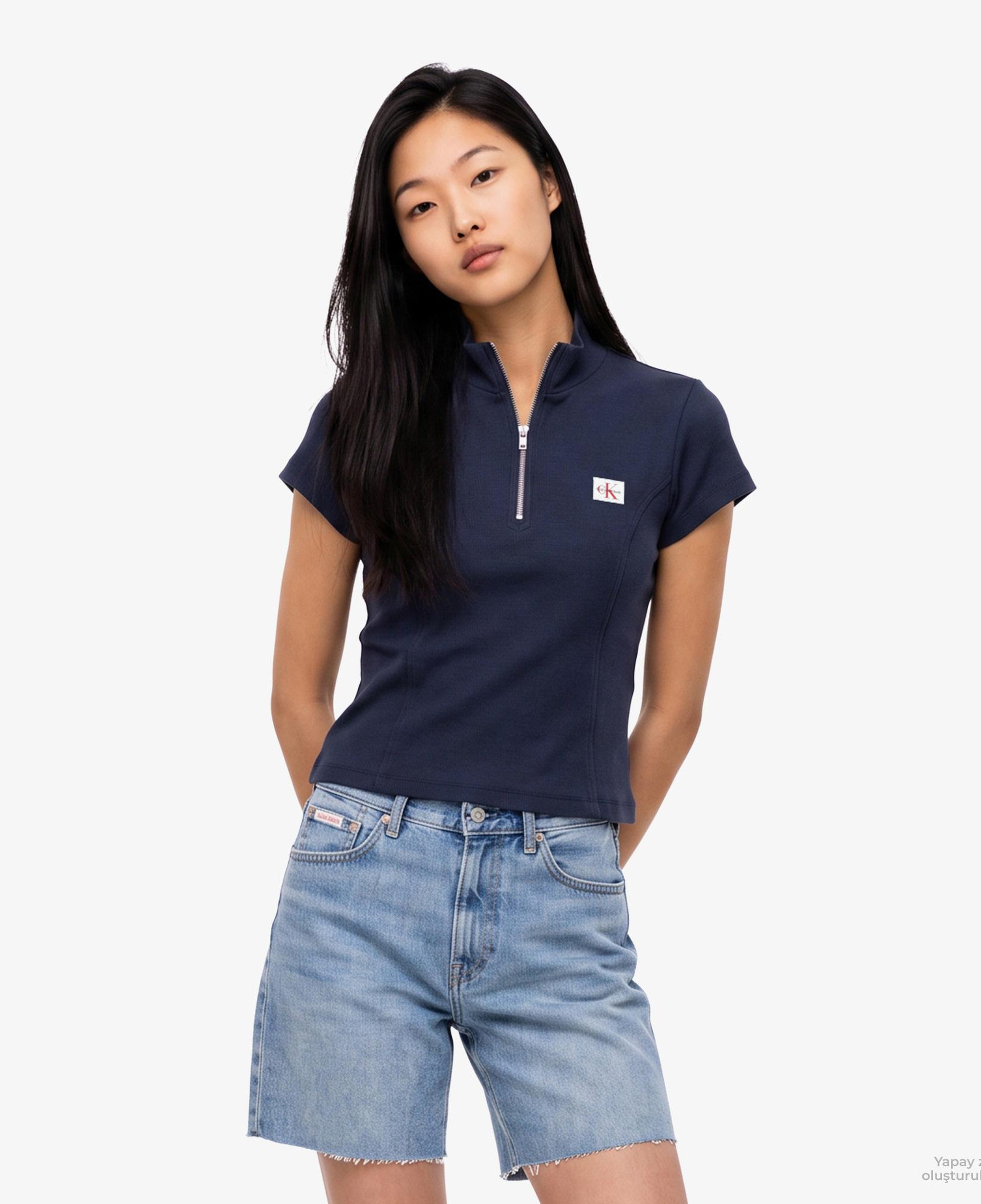 Calvin Klein Woven Label 2X2 Baby Rib Zip Kadın Mavi T-Shirt