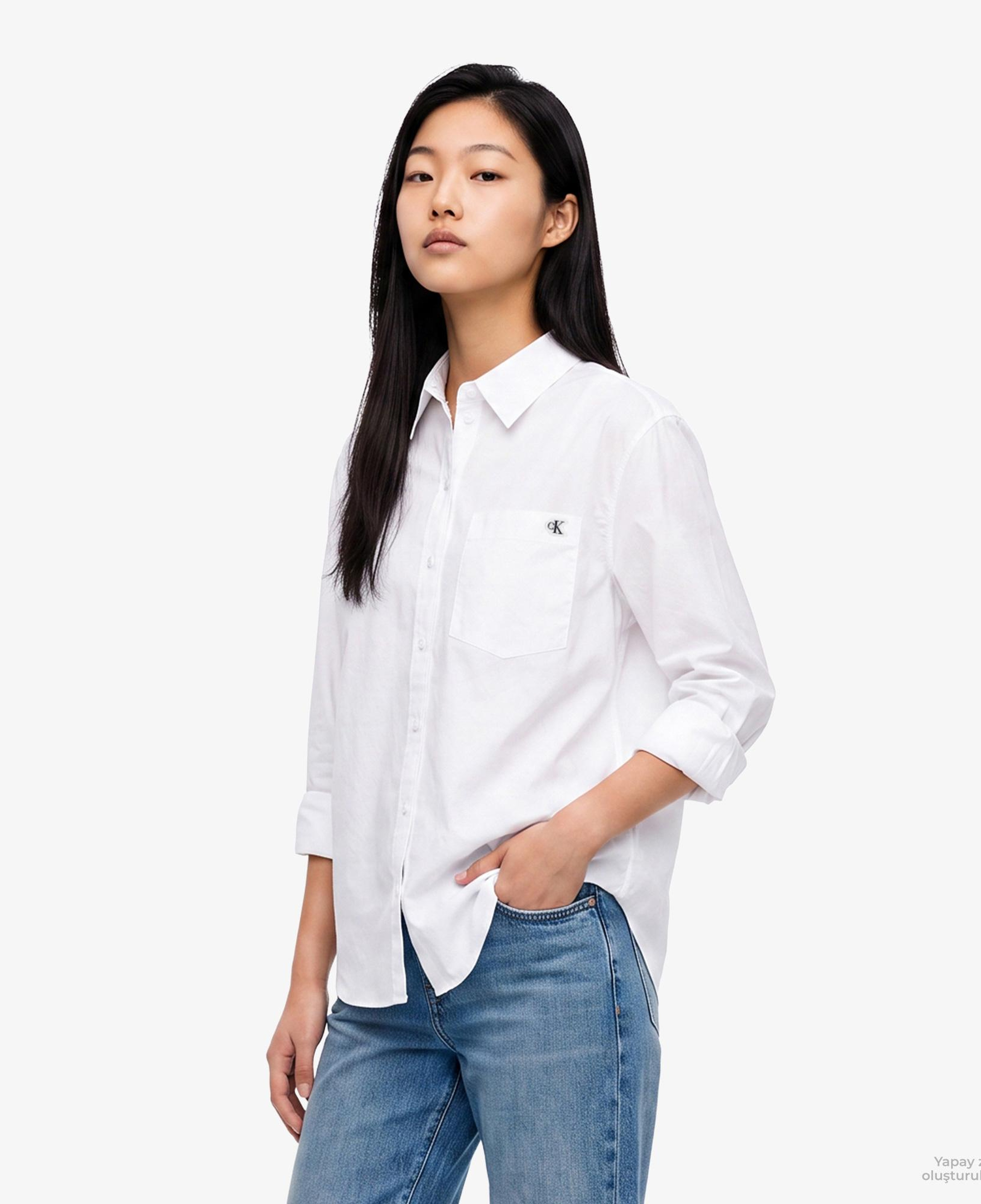 Calvin Klein Cotton Poplin Jacquard Relaxed Kadın Beyaz Gömlek