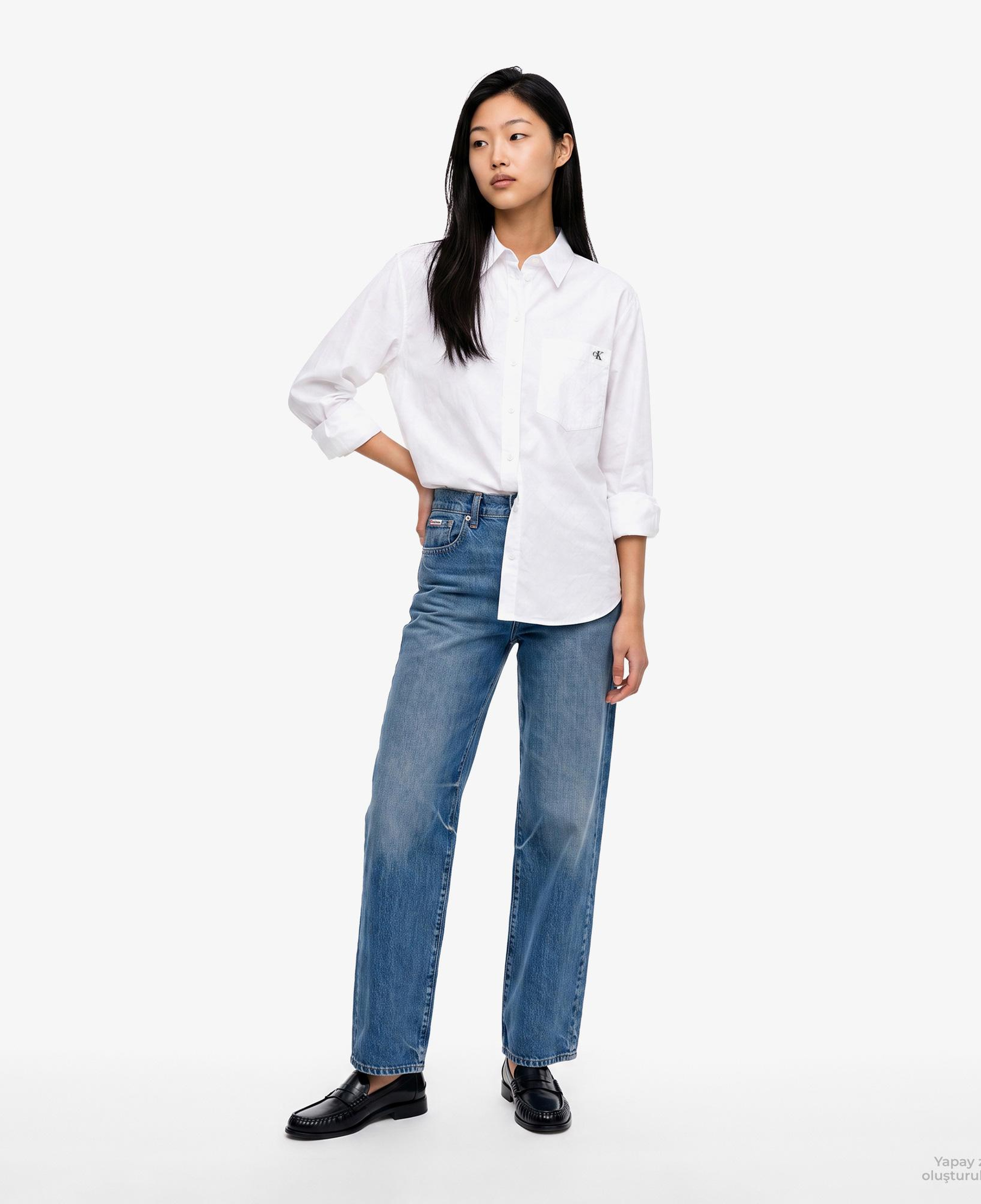Calvin Klein Cotton Poplin Jacquard Relaxed Kadın Beyaz Gömlek