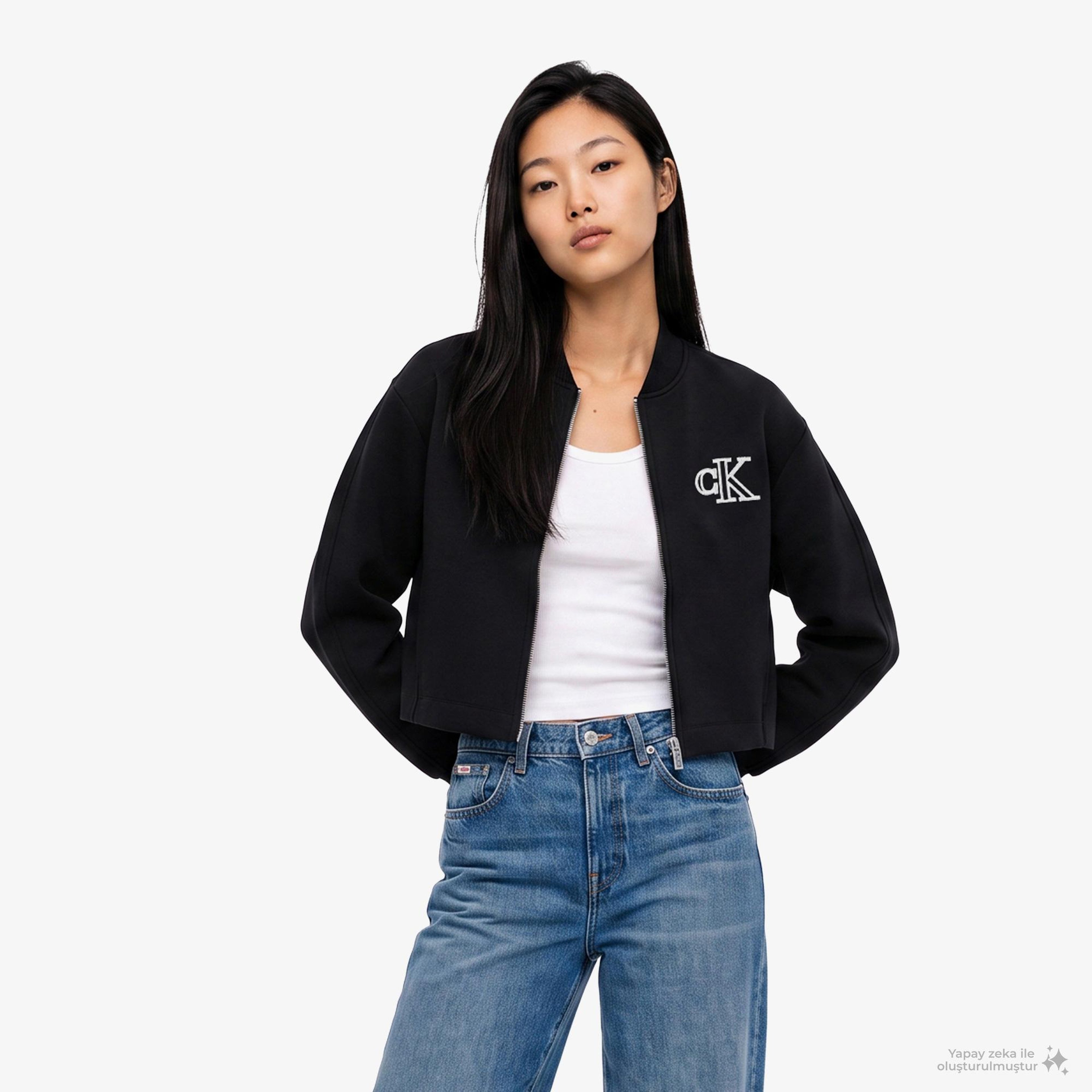 Calvin Klein Cropped Sporty Scuba Bomber Kadın Siyah Ceket
