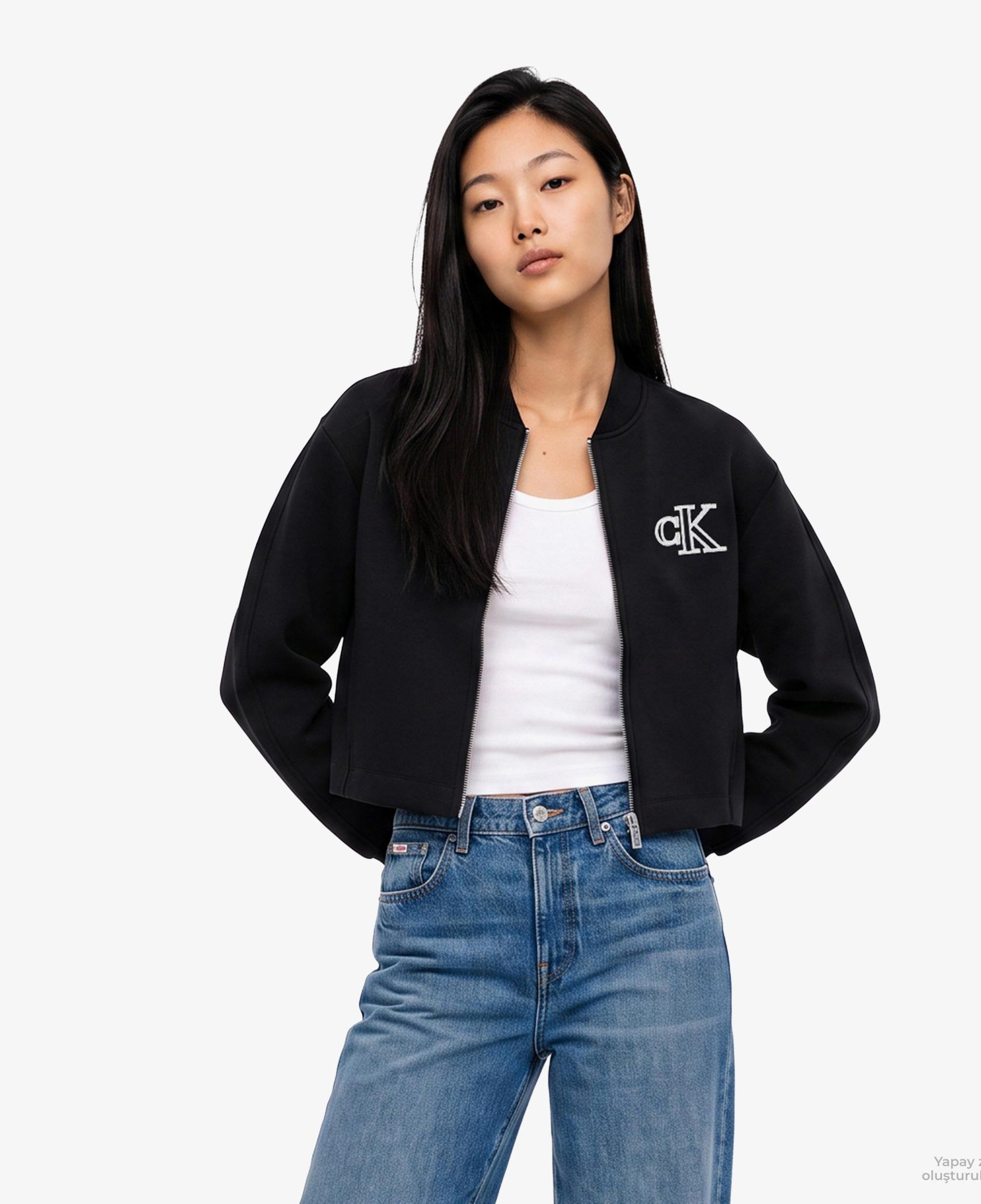 Calvin Klein Cropped Sporty Scuba Bomber Kadın Siyah Ceket