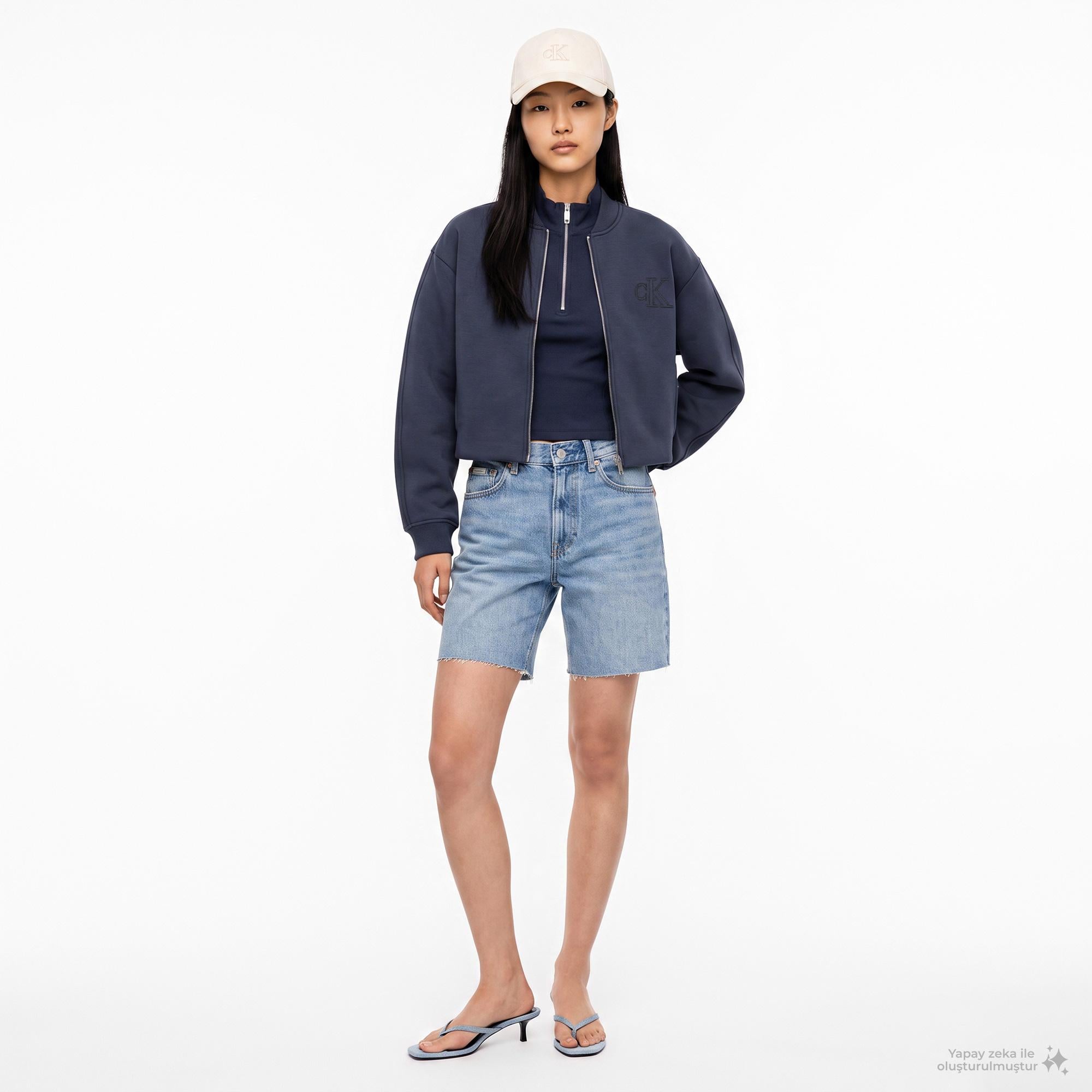 Calvin Klein Cropped Sporty Scuba Bomber Kadın Mavi Ceket