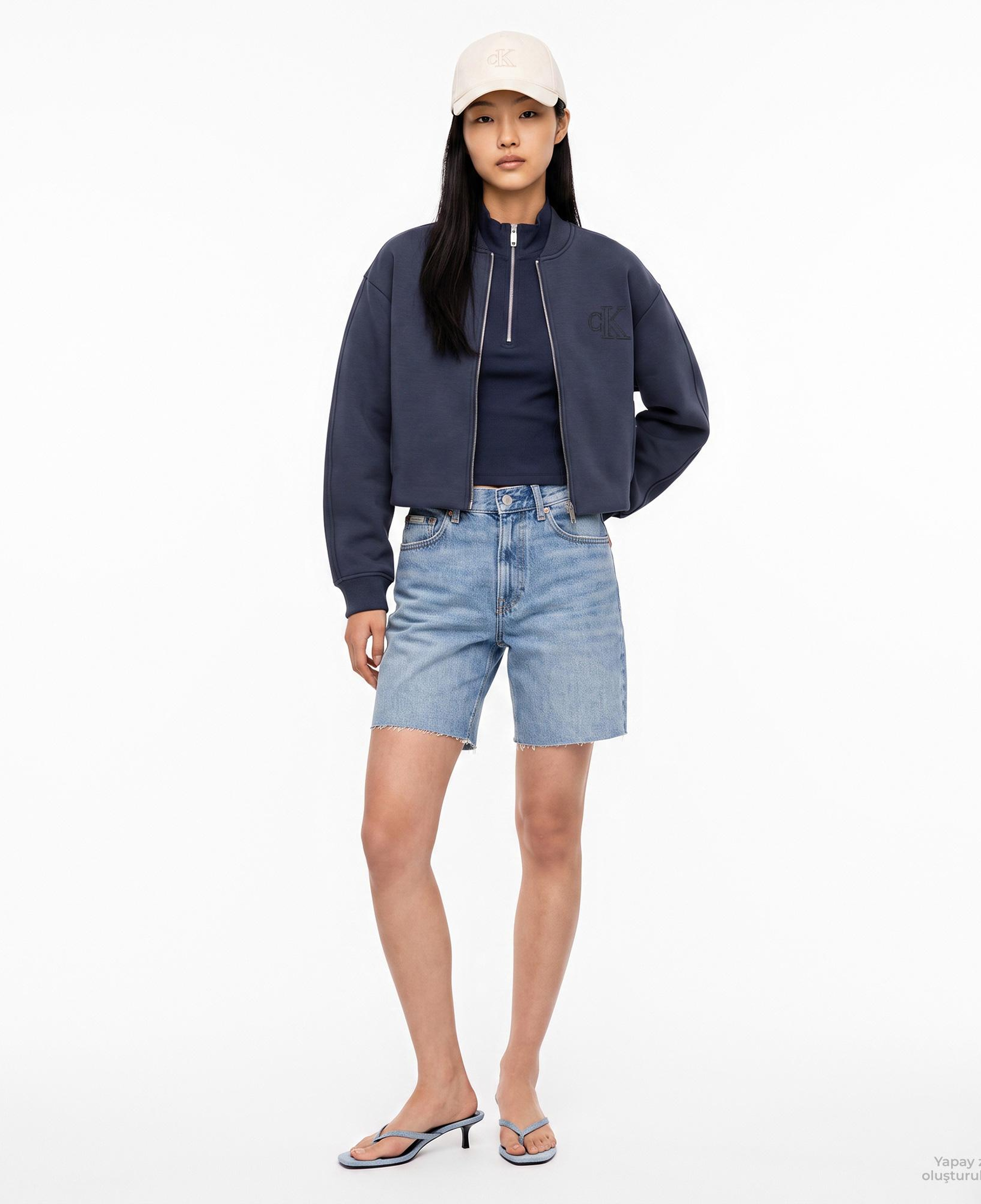Calvin Klein Cropped Sporty Scuba Bomber Kadın Mavi Ceket
