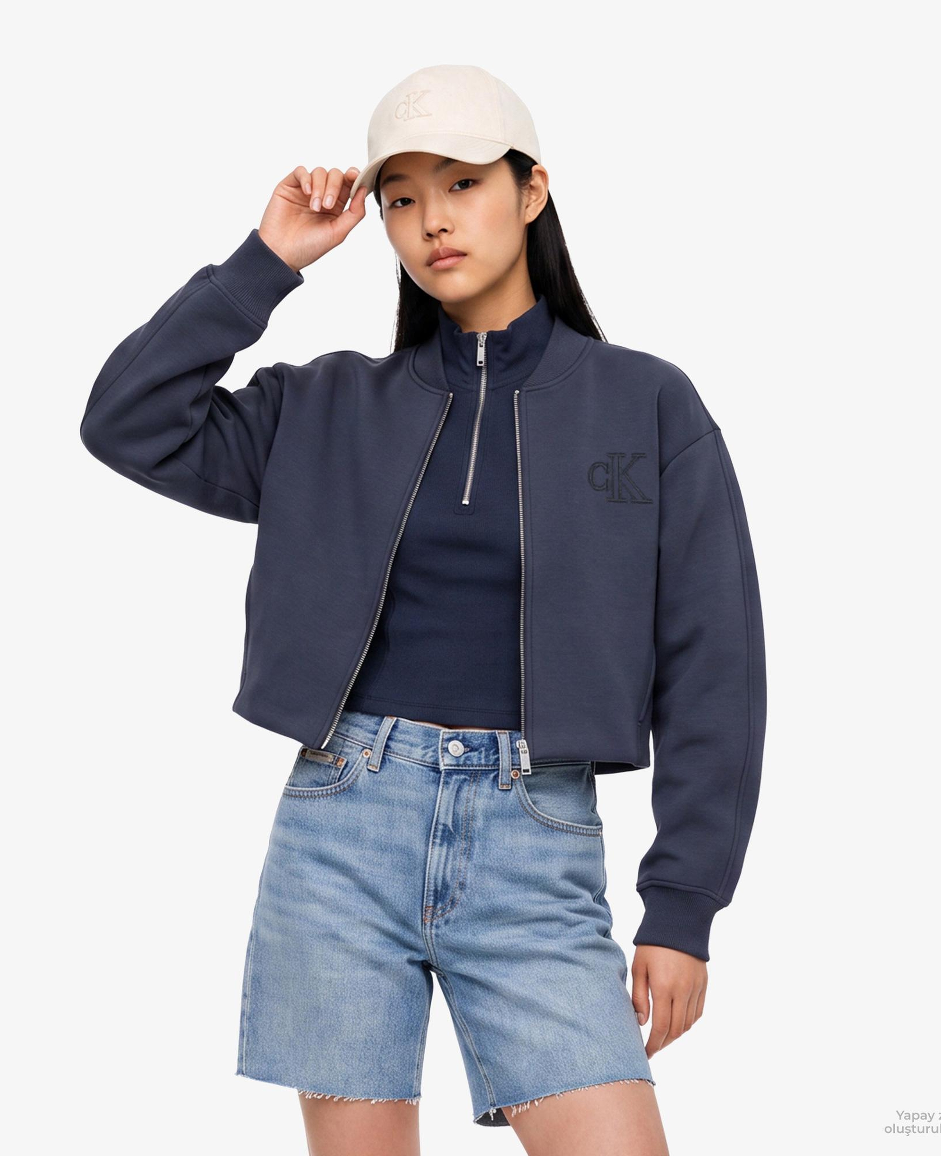 Calvin Klein Cropped Sporty Scuba Bomber Kadın Mavi Ceket