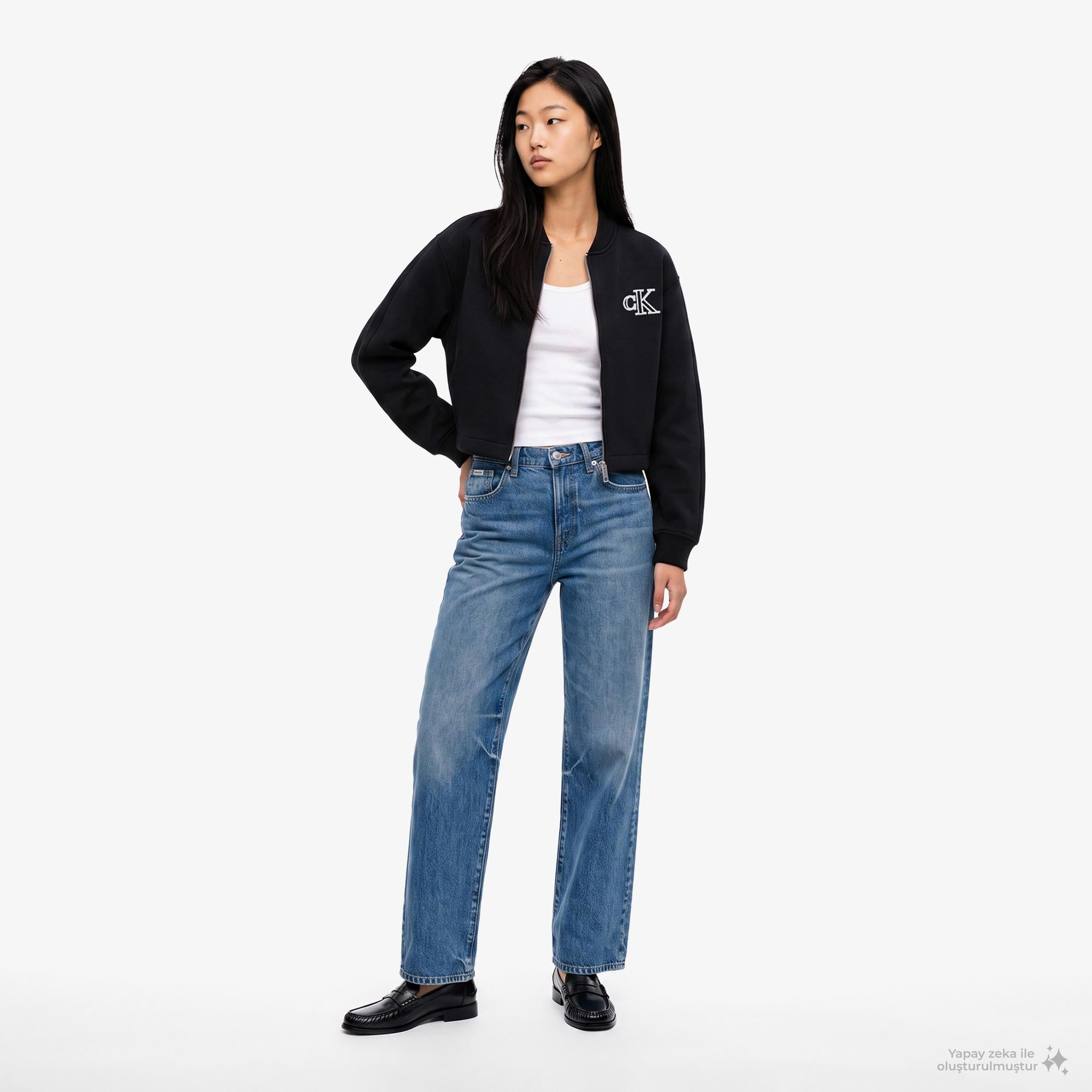 Calvin Klein Cropped Sporty Scuba Bomber Kadın Siyah Ceket
