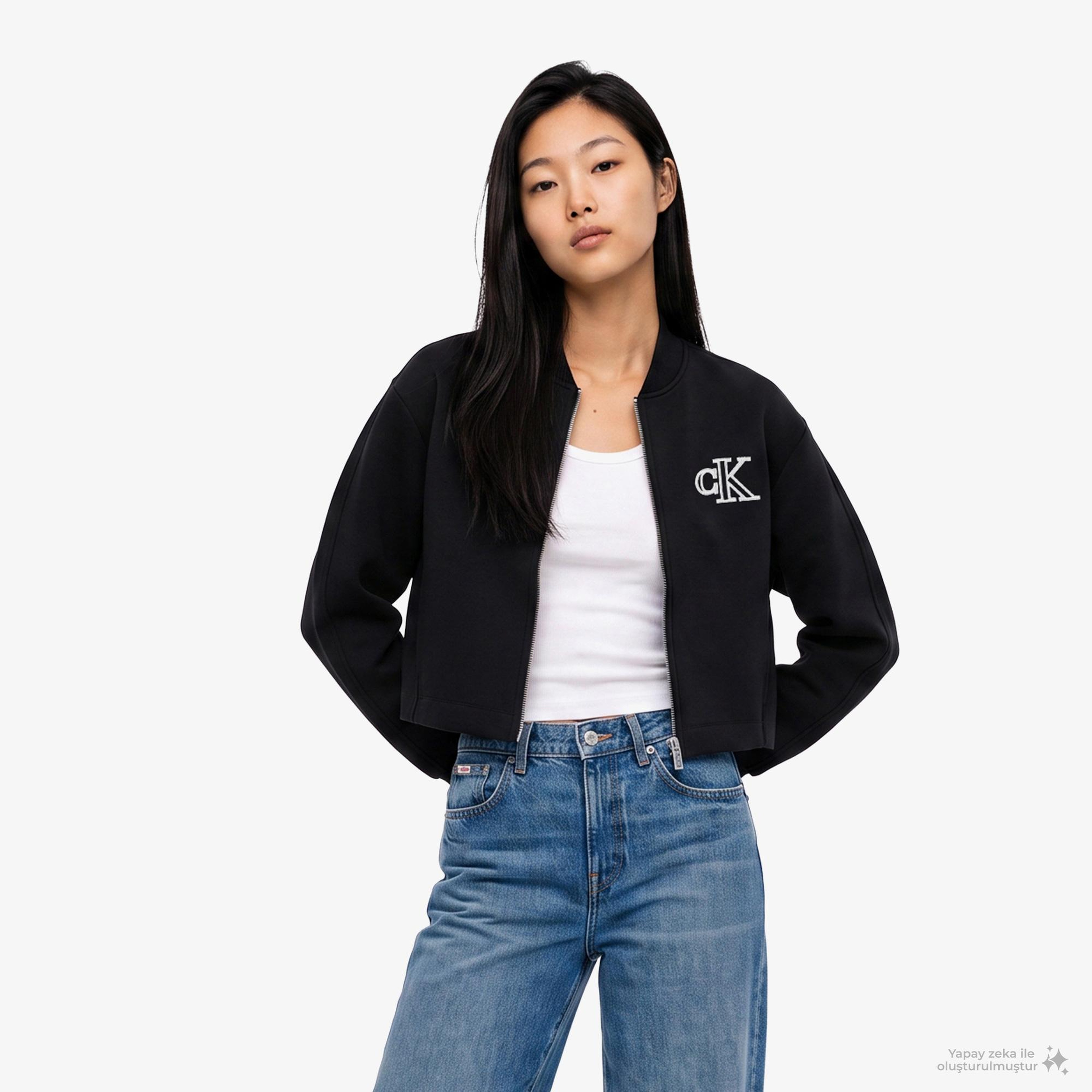 Calvin Klein Cropped Sporty Scuba Bomber Kadın Siyah Ceket