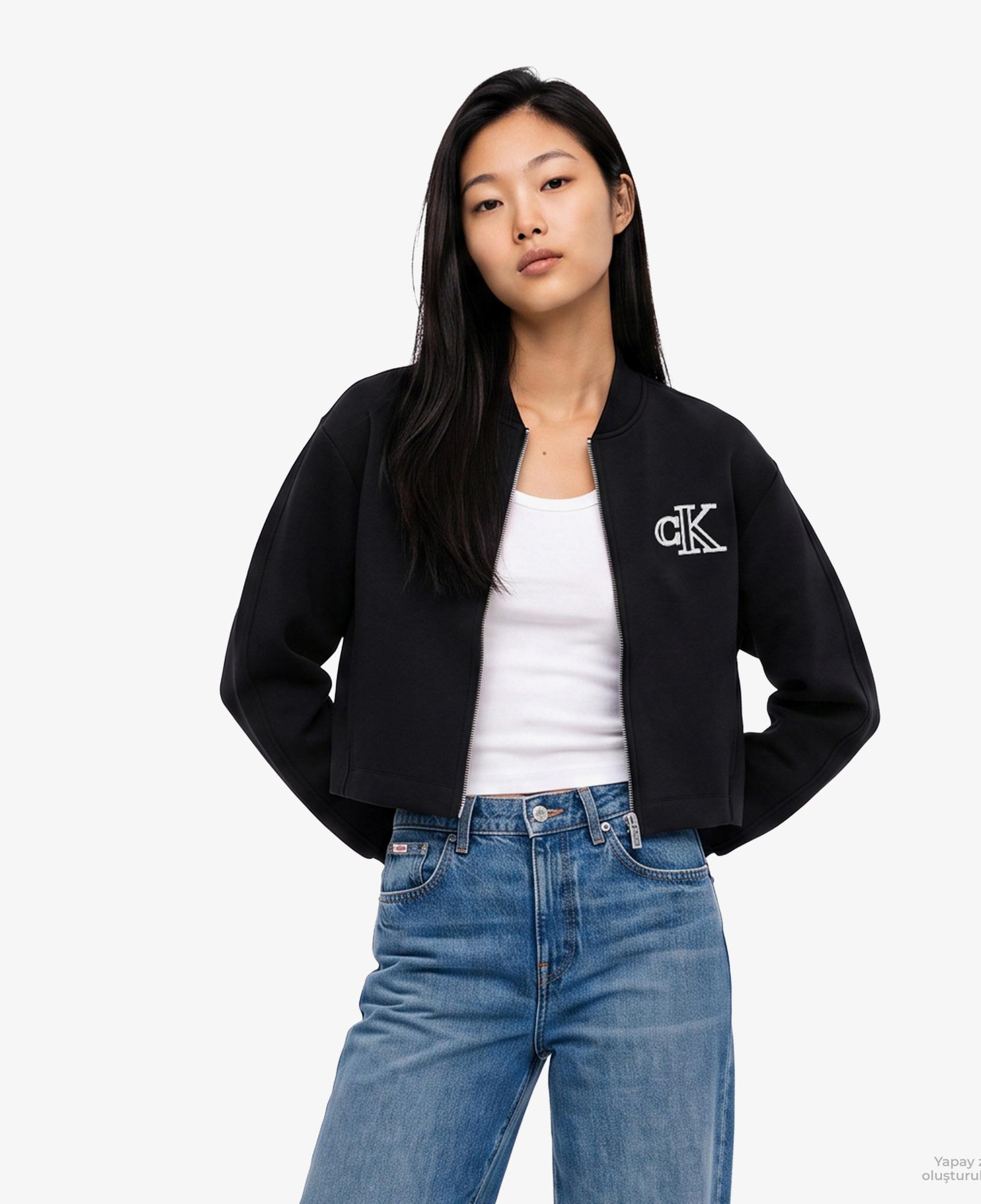Calvin Klein Cropped Sporty Scuba Bomber Kadın Siyah Ceket