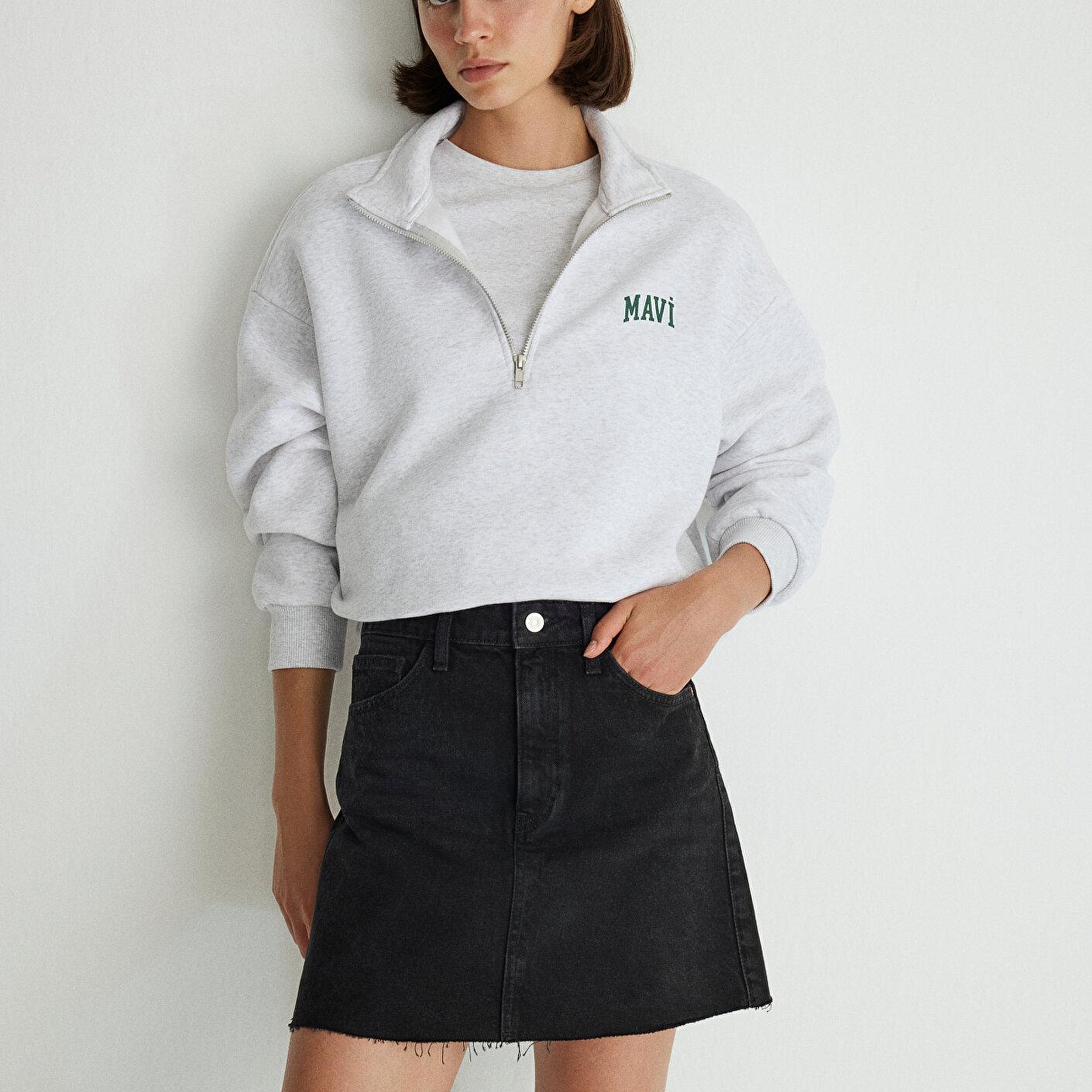 Mavi Mavi Logo Baskılı Yarı Fermuarlı Gri Sweatshirt 1S10179-85438